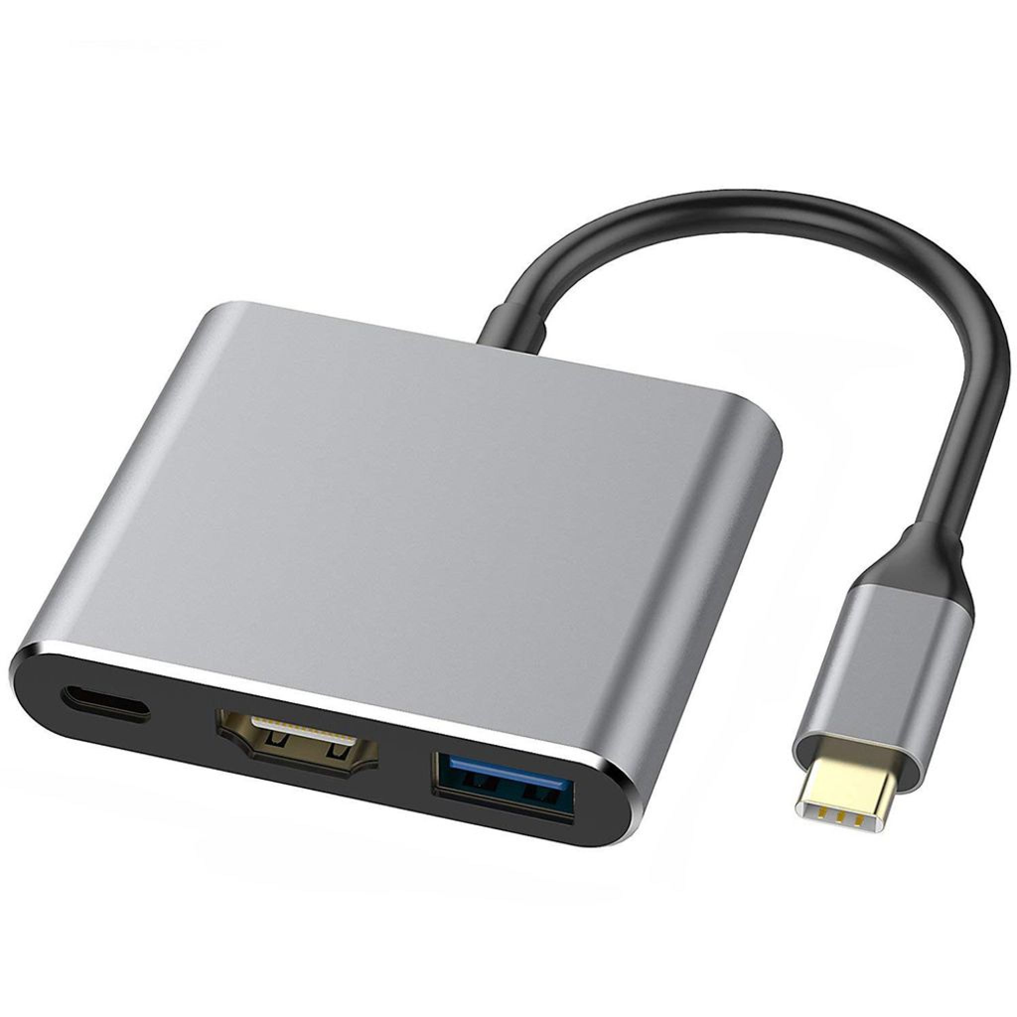Ein silberner USB-C-Hub mit HDMI-, USB-A- und USB-C-Anschlüssen.