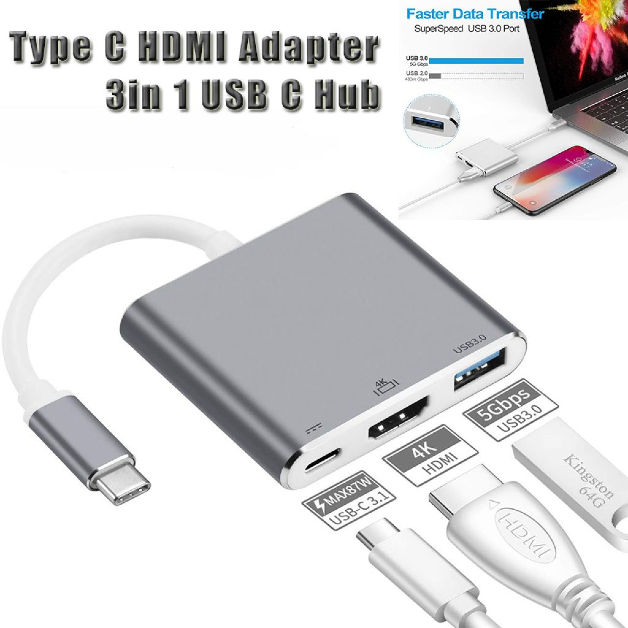 Grauer USB-C-Hub mit HDMI, USB 3.0 und USB-C-Anschlüssen, daneben ein USB-Stick.