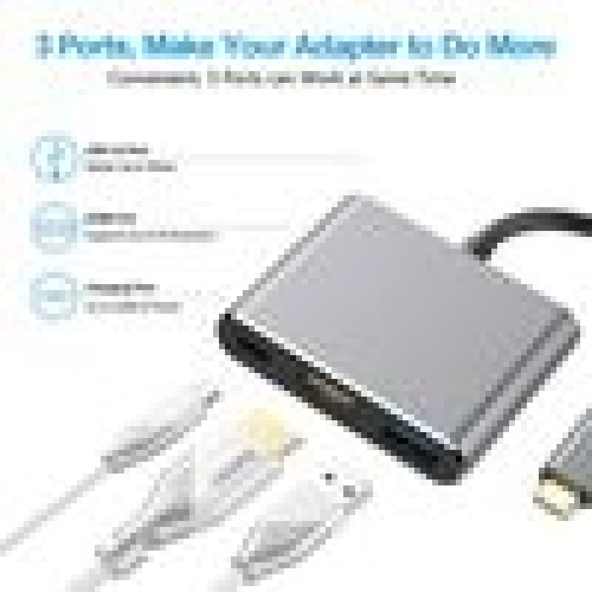 Silberne USB-C-Hub mit mehreren Anschlüssen und Kabeln für die Konnektivität.