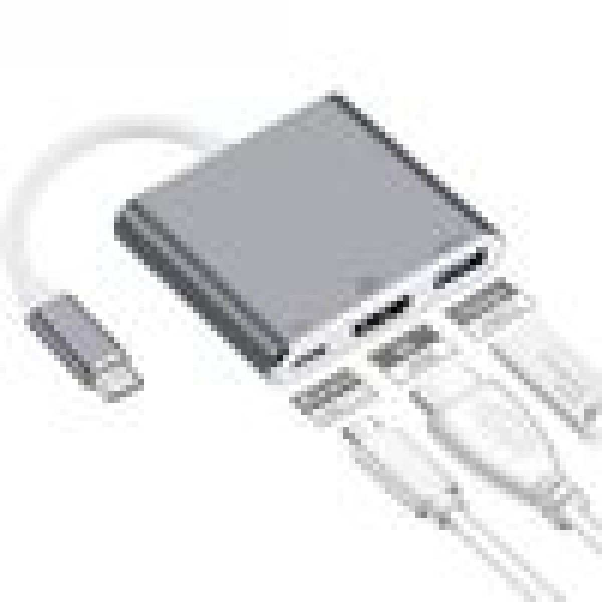 Ein grauer USB-C-Hub mit mehreren Anschlüssen liegt auf weißem Hintergrund.