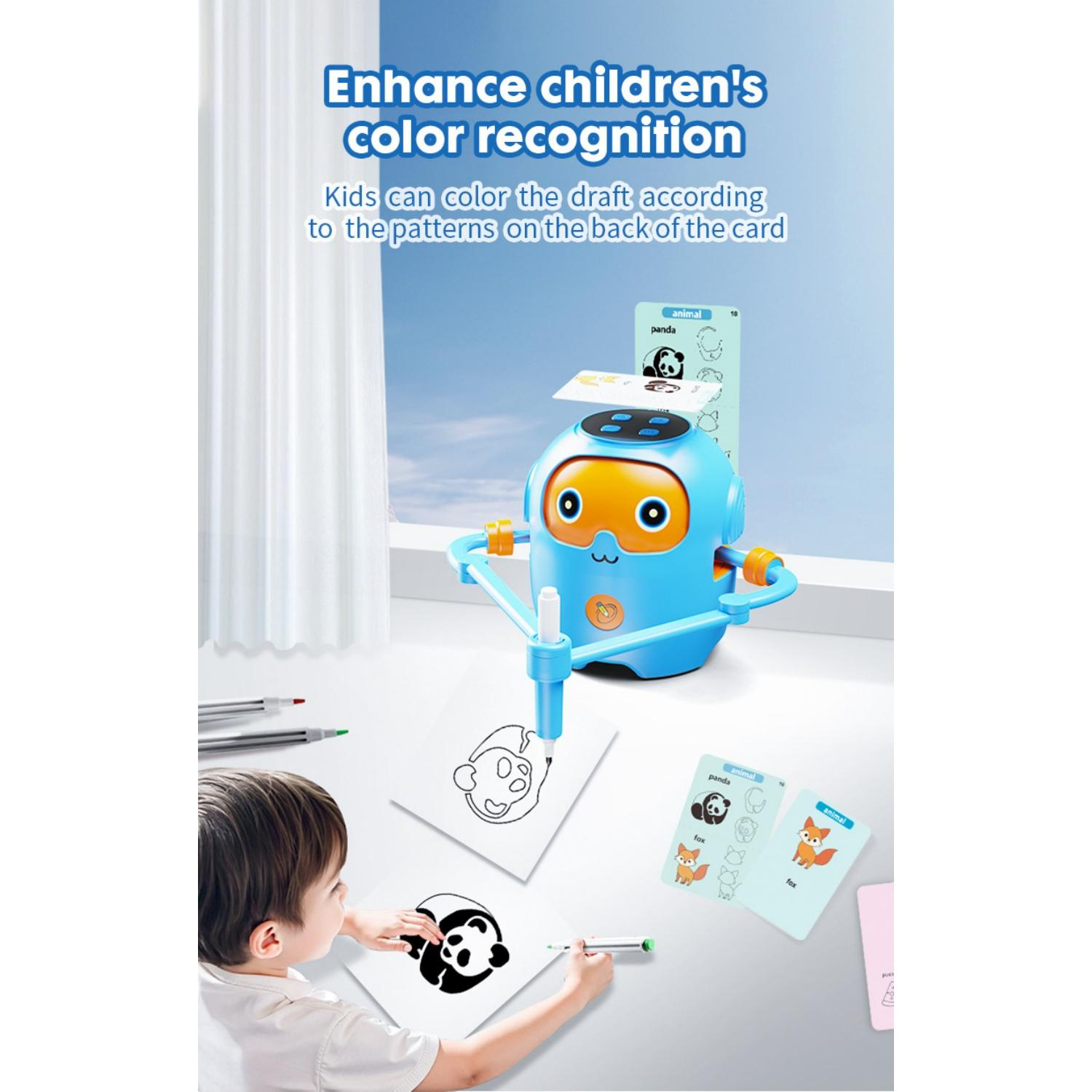 Ein blauer Zeichenroboter zeichnet ein Pandabild, daneben ein Kind.