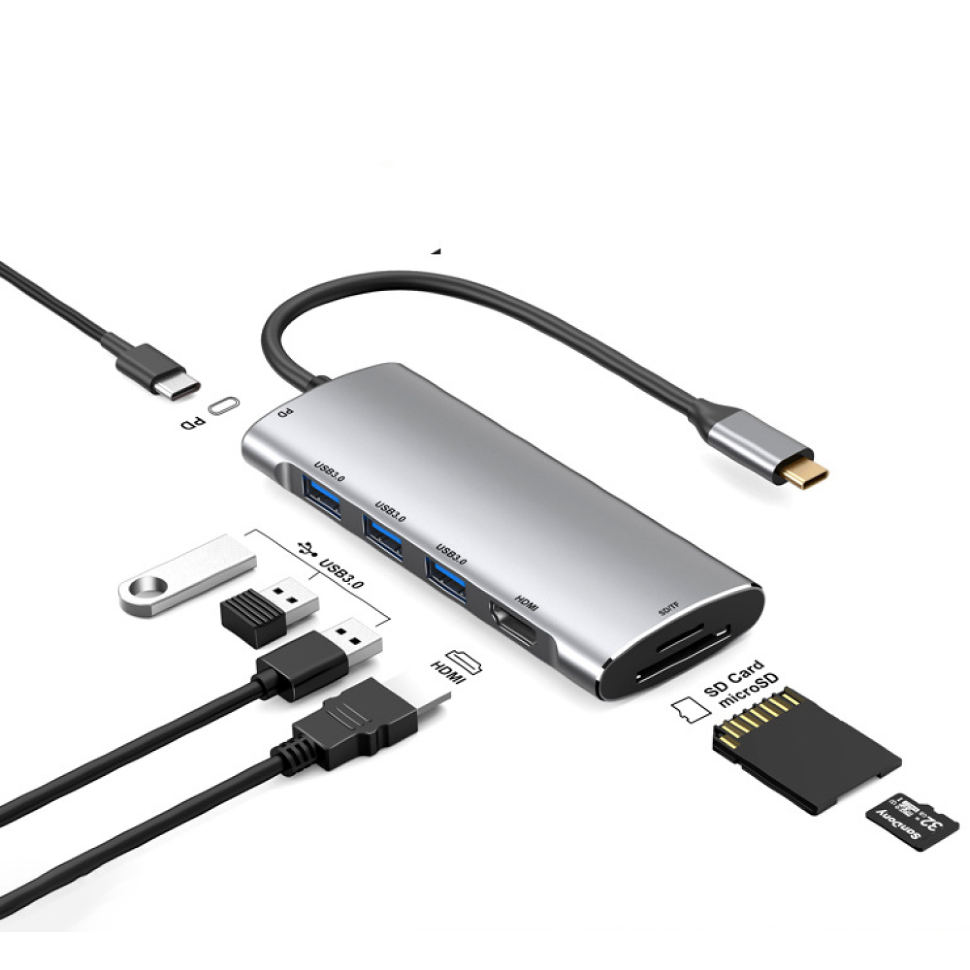 Ein silberner USB-C-Hub mit mehreren Anschlüssen, Kabeln, USB-Stick und SD-Karten.