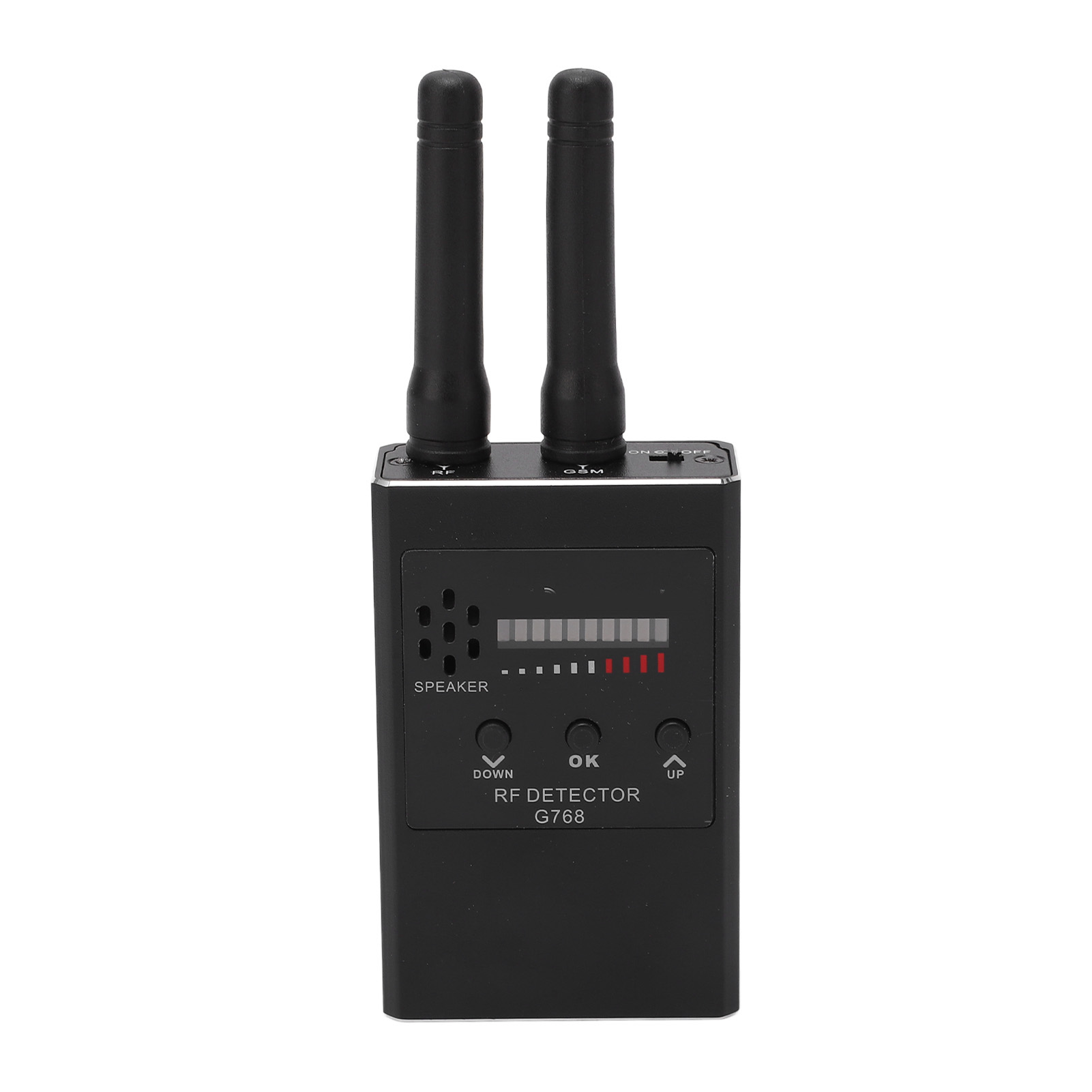 Ein schwarzes RF-Detektor-Gerät mit zwei Antennen und einem Bildschirm.