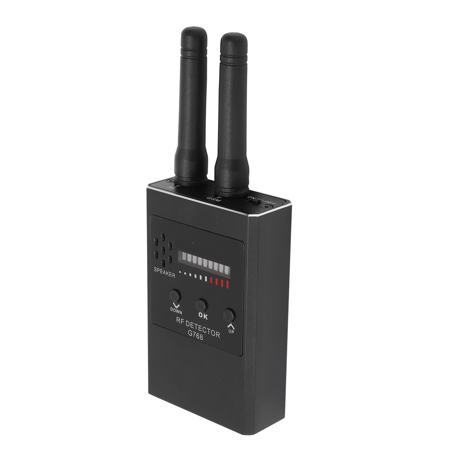 Schwarzes RF-Detektor-Gerät mit zwei Antennen, Display und Bedienelementen.