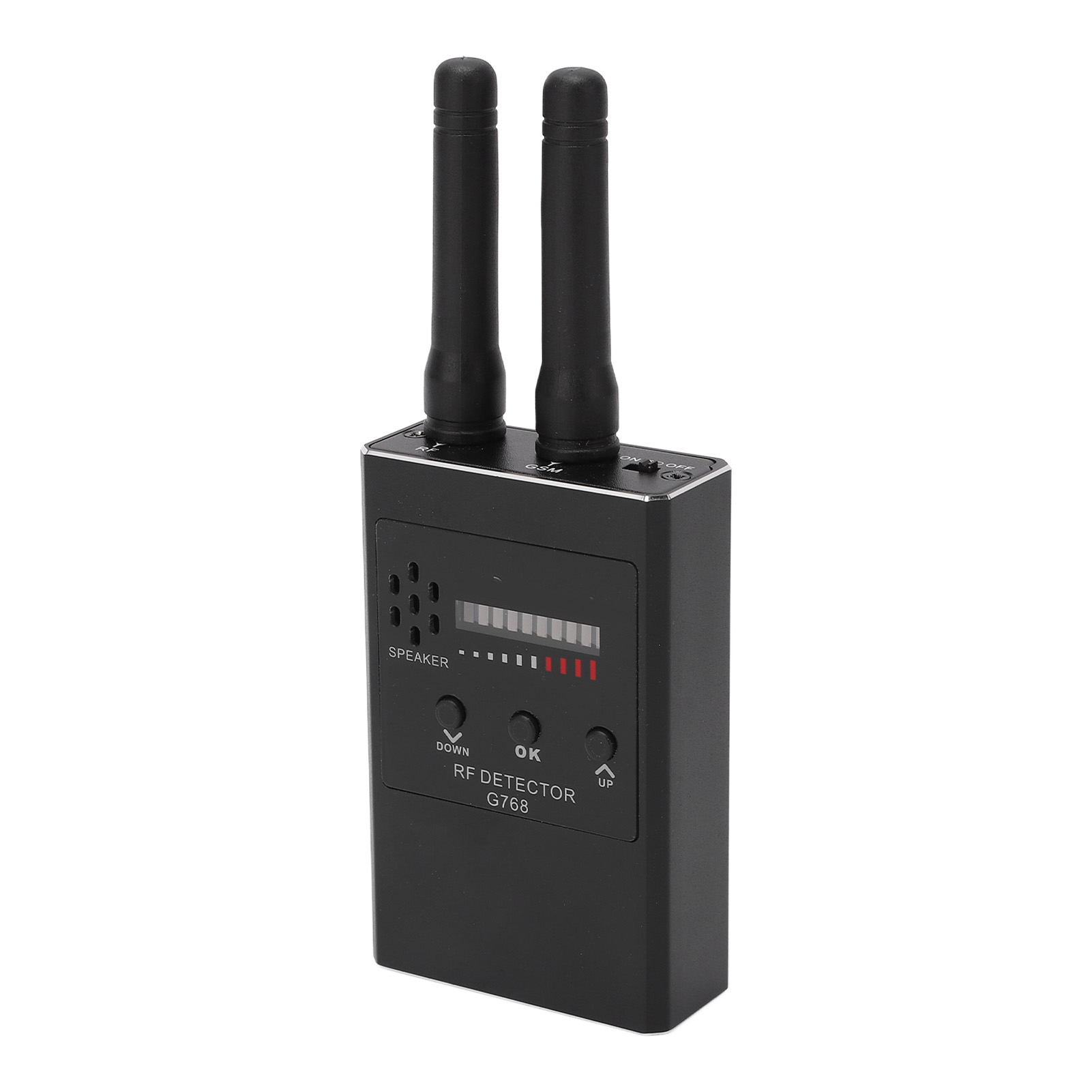 Ein schwarzes RF-Detektor-Gerät mit zwei Antennen, einem Lautsprecher und einem Display.