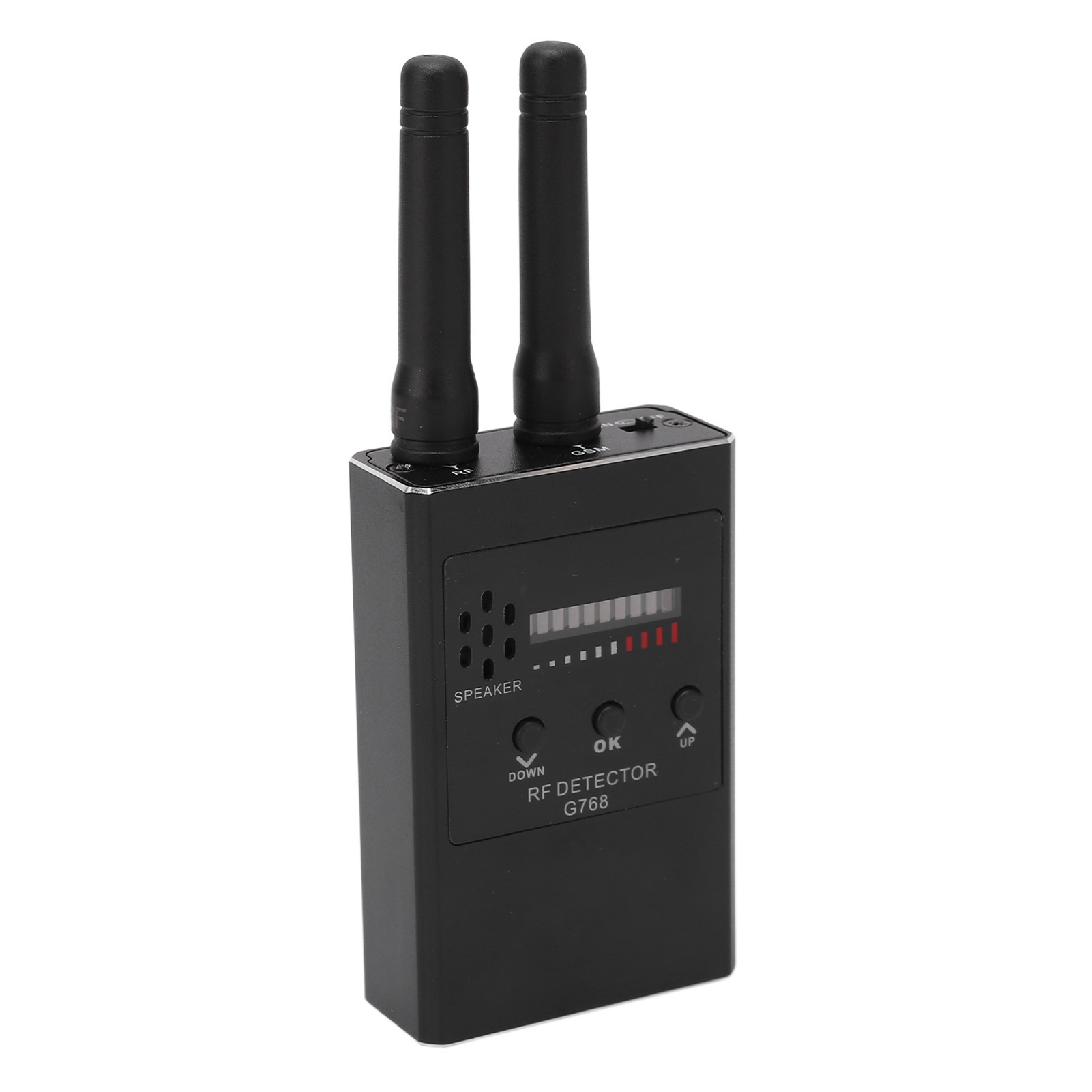 Schwarzes RF-Detektor-Gerät G768 mit zwei Antennen und einem Display.