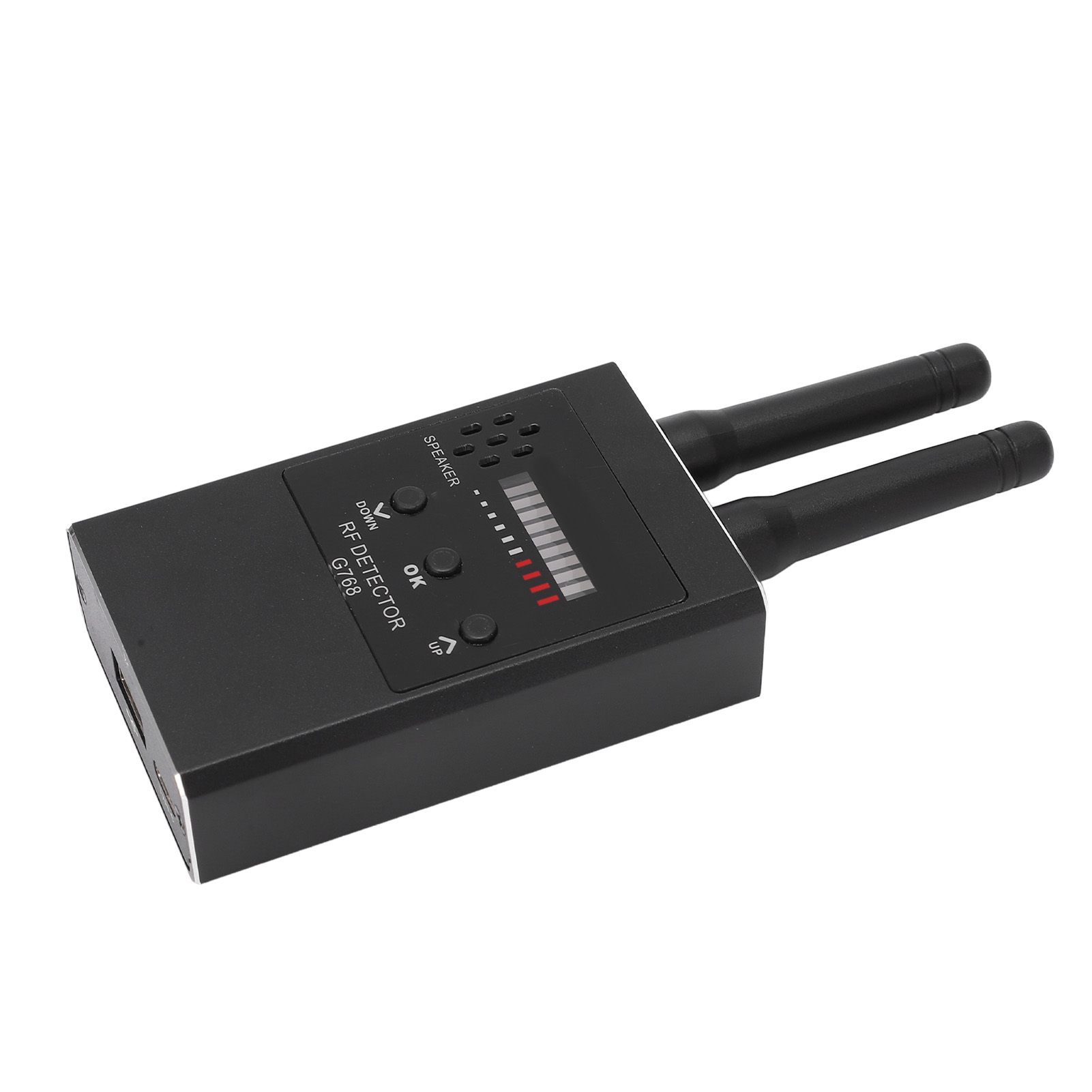 Ein schwarzes RF-Detektor-Gerät mit zwei Antennen und einem Display.