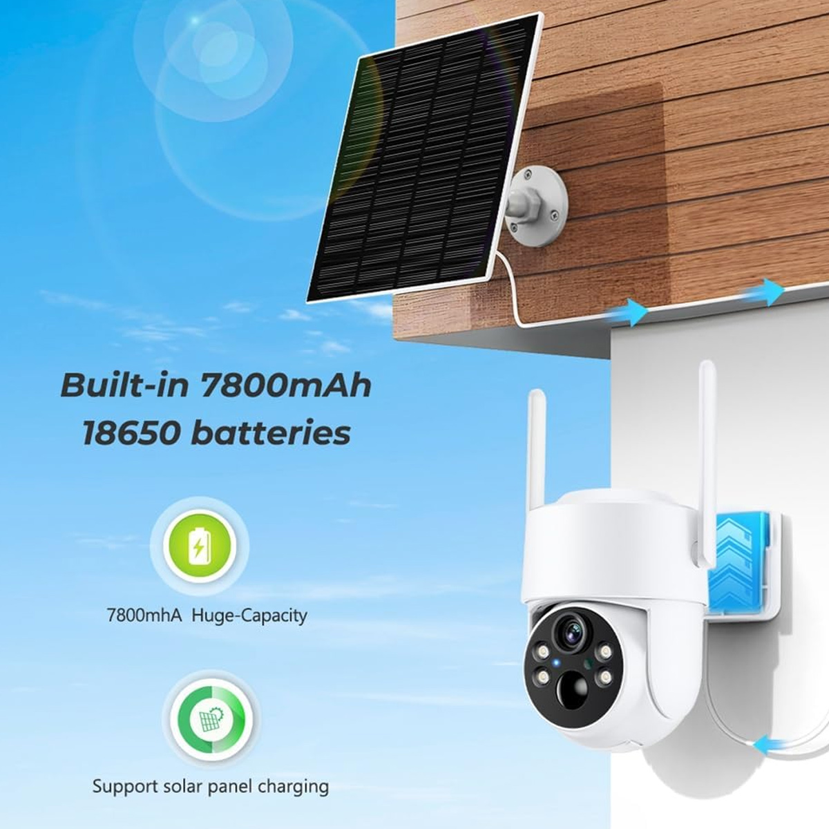 Weiße Sicherheitskamera mit Solarpanel, 7800mAh Akku.