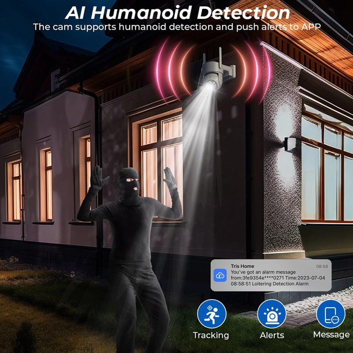 Nachtsichtkamera entdeckt einen Einbrecher an einem Haus und sendet eine Benachrichtigung an ein Telefon.