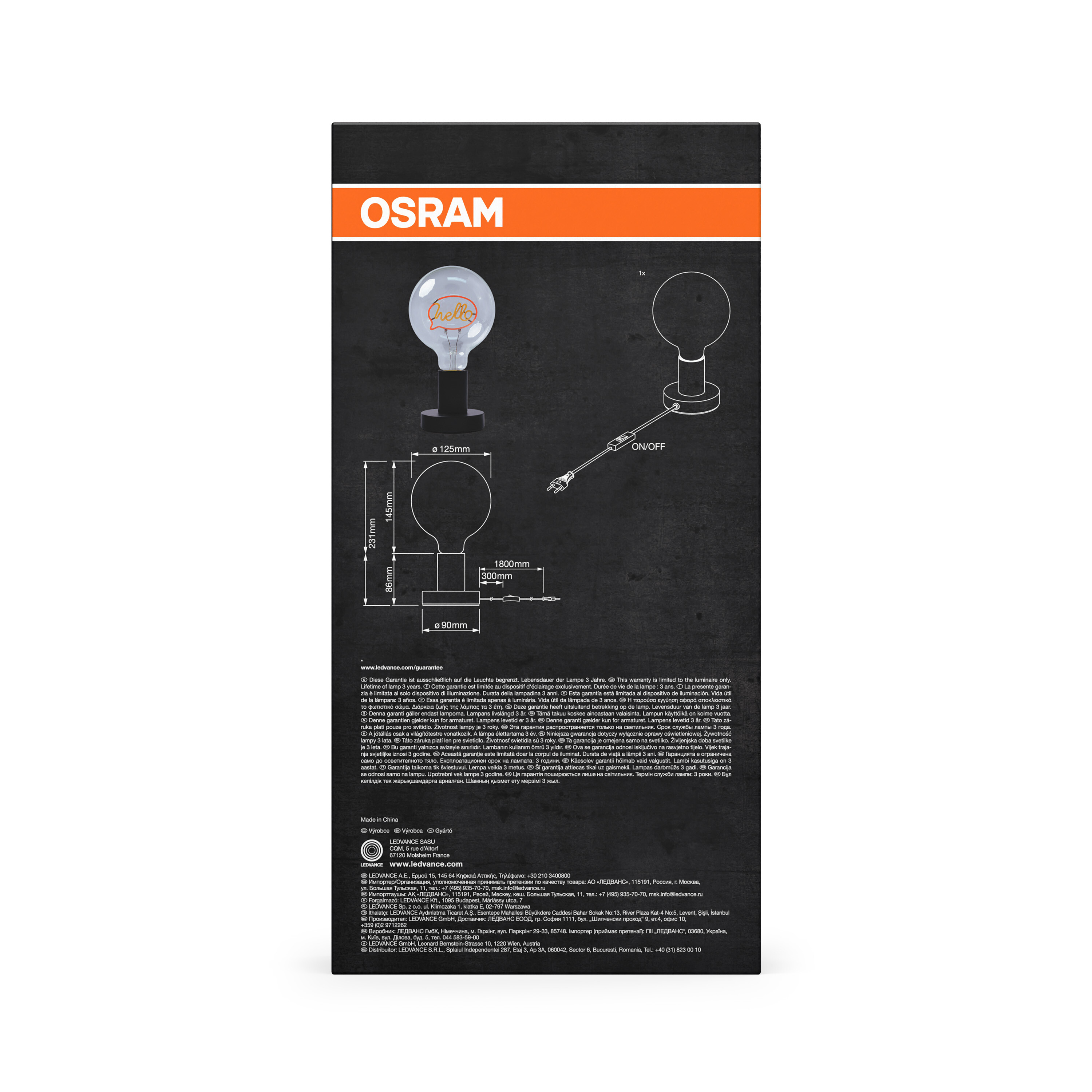 Osram Glühbirne mit "hello" Schriftzug, Maße und Details.