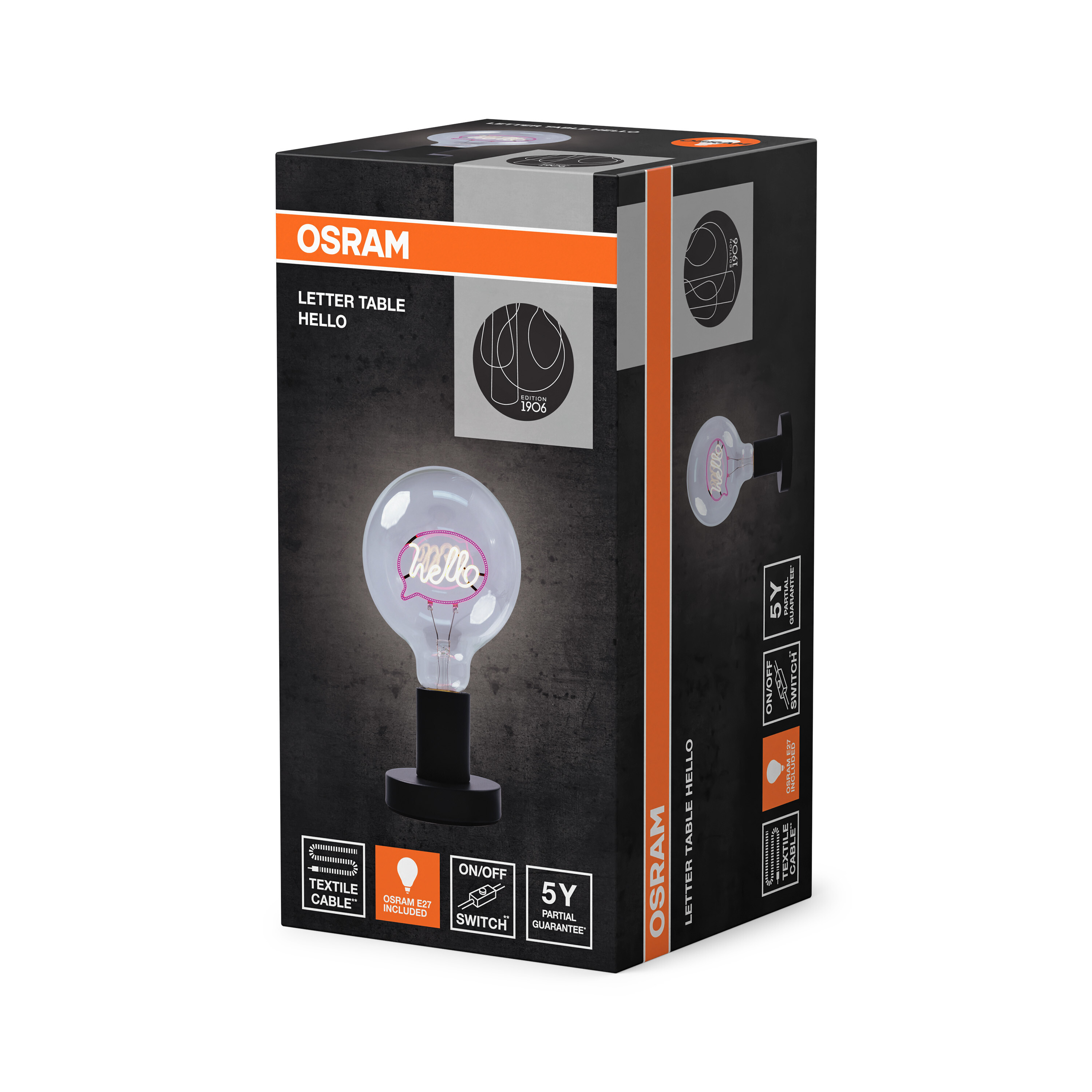 OSRAM Letter Table Hello mit Glühbirne und Symbolen auf der Verpackung.