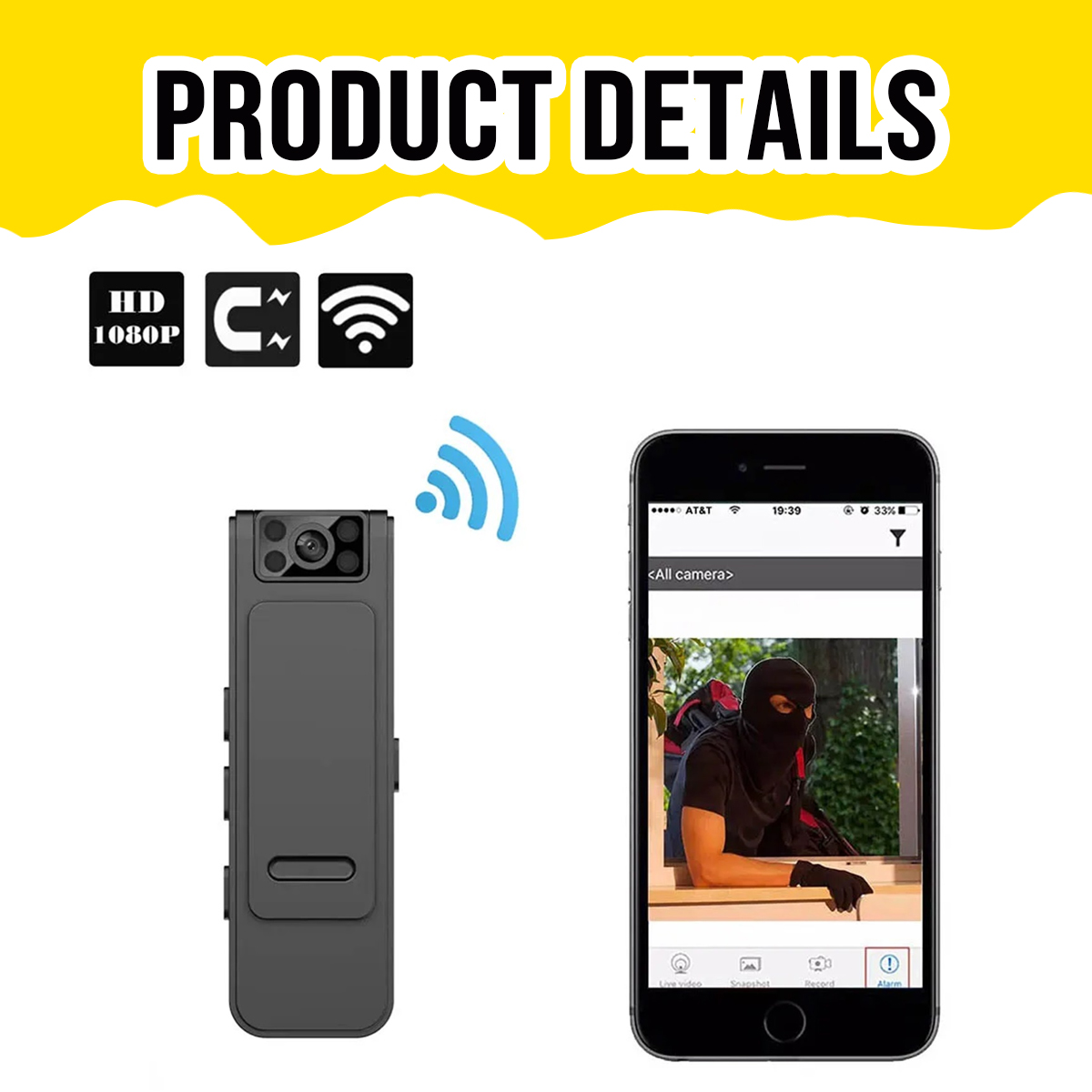 Ein schwarzer Mini-Rekorder zeigt HD 1080P, Magnet- und WLAN-Symbole. Ein Smartphone zeigt eine Überwachungsaufnahme eines Diebes.