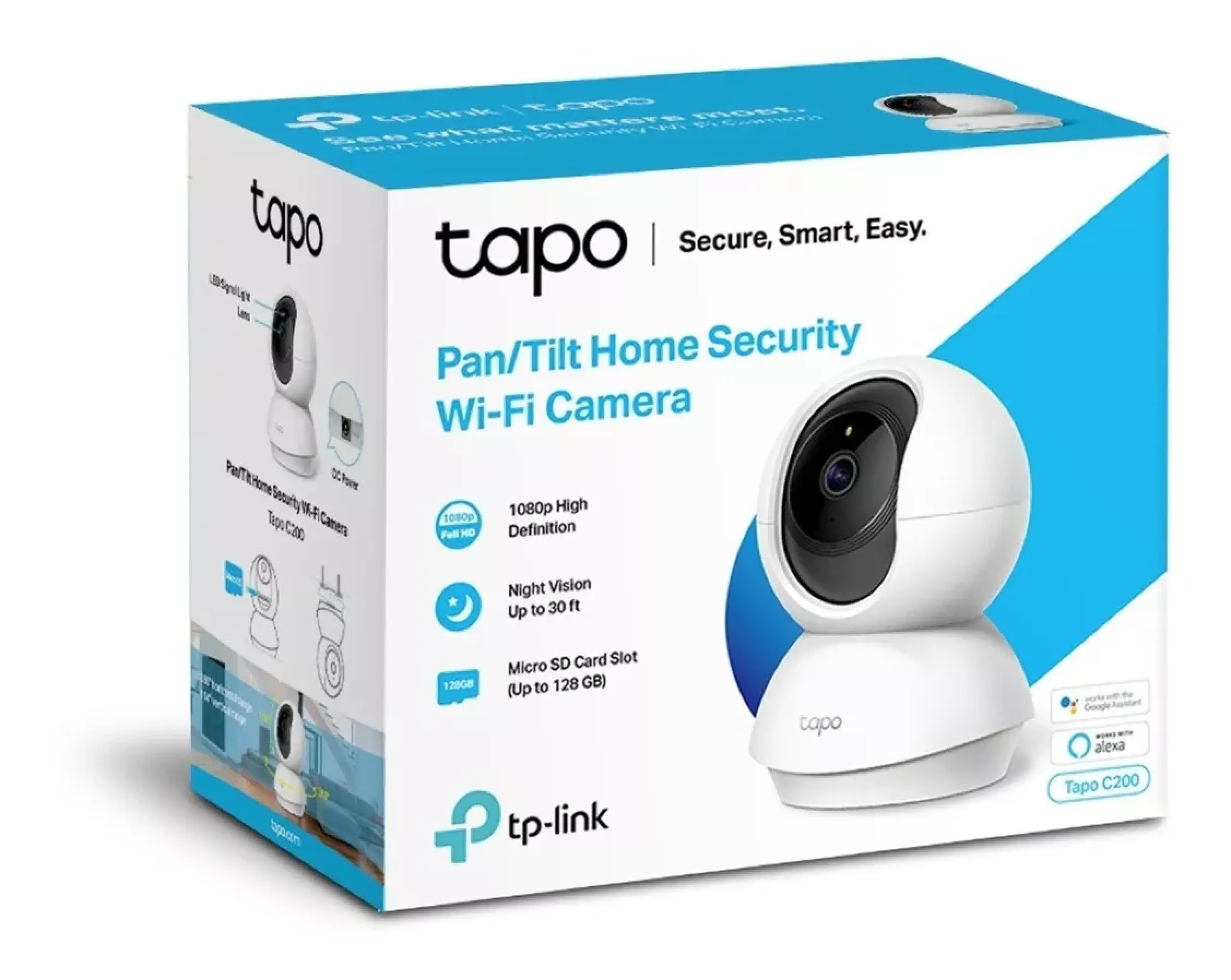 Tapo Pan/Tilt Home Security Wi-Fi Kamera Box. Weiße Kamera, blaue Akzente.