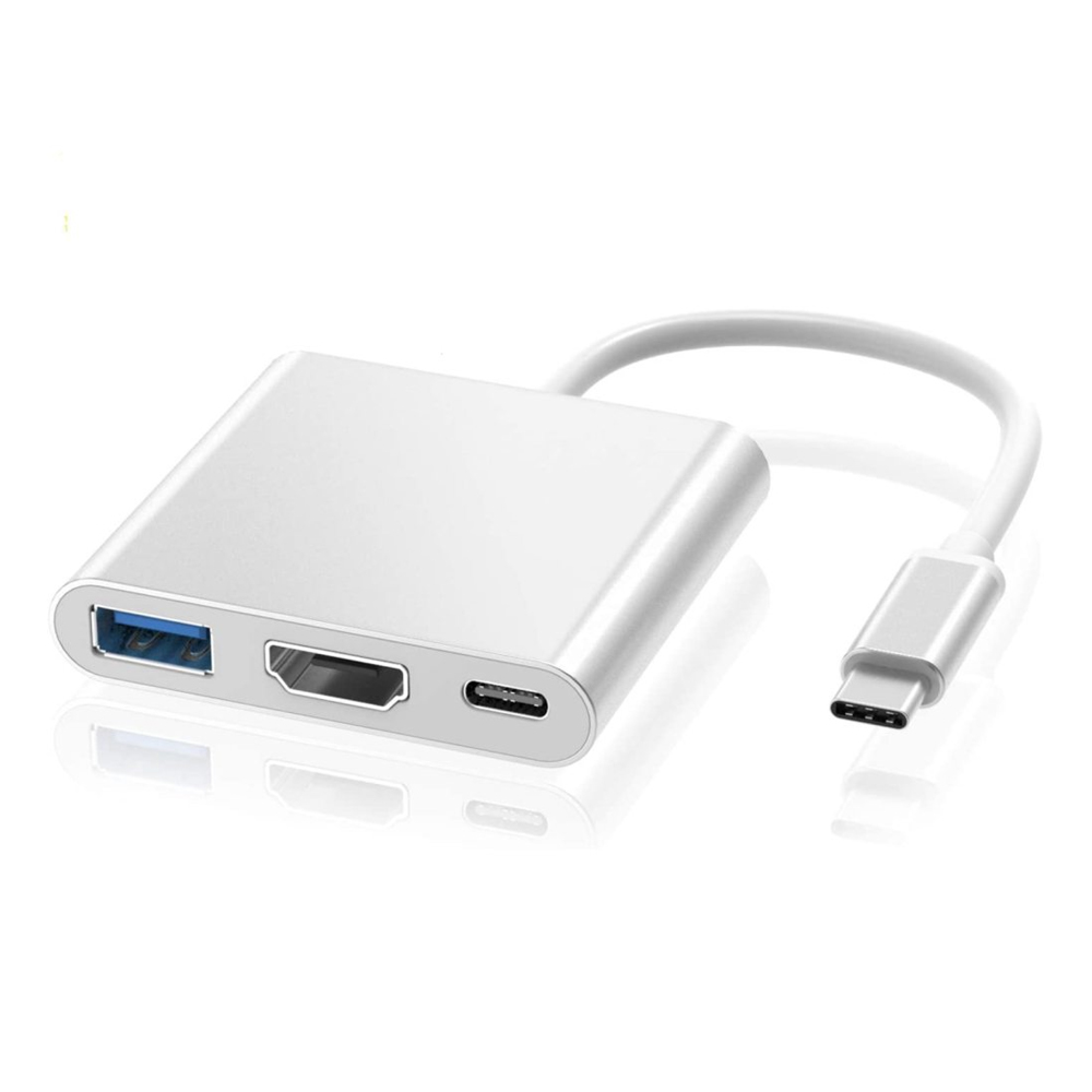 Ein silberner USB-C-Adapter mit USB-A-, HDMI- und USB-C-Anschlüssen.