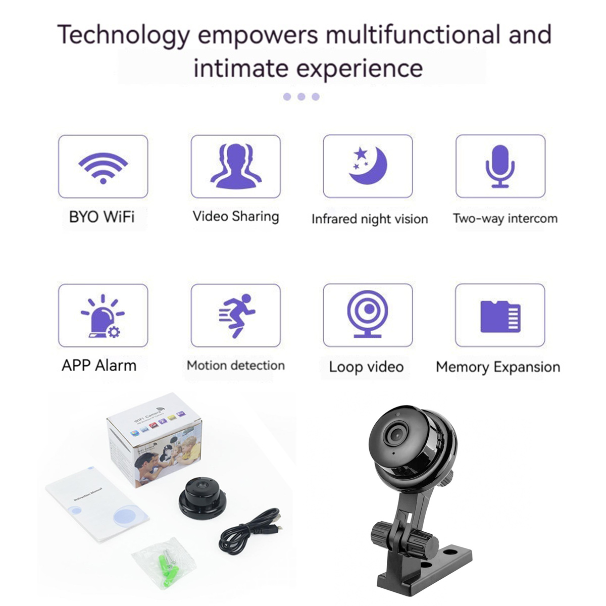 Produktübersicht: WLAN, Video, Nachtsicht, Gegensprechanlage, App-Alarm, Bewegungserkennung, Loop-Video, Speichererweiterung.