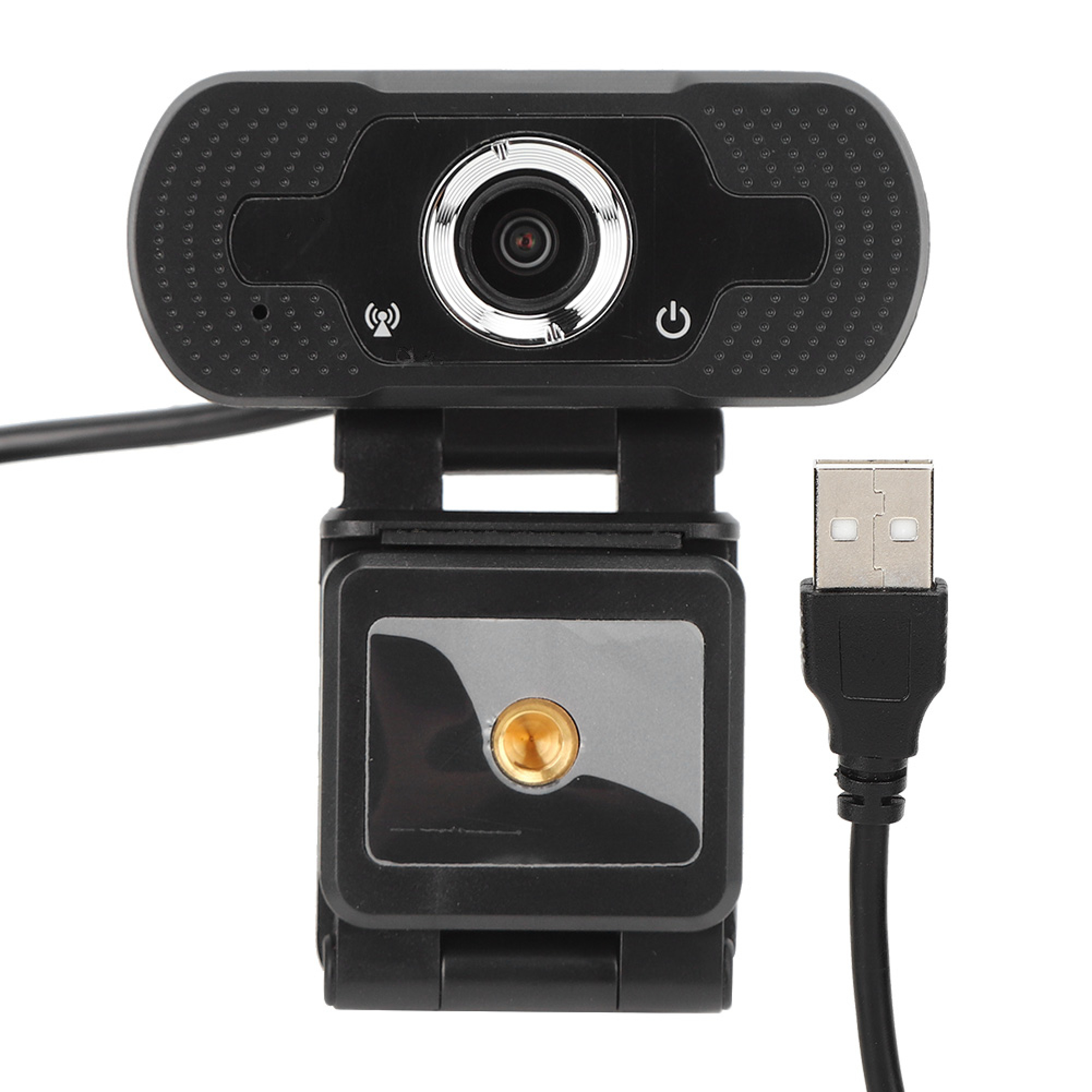 Schwarze Webcam mit USB-Anschluss und Halterung auf weißem Hintergrund.