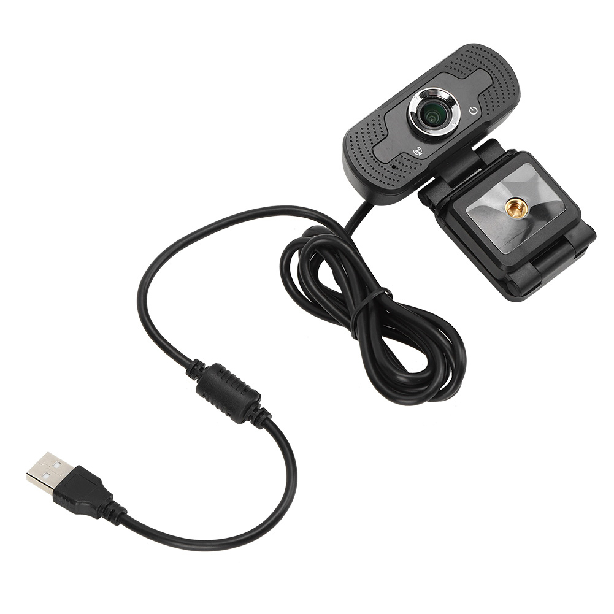 Eine schwarze Webcam mit USB-Kabel und Halterung auf weißem Hintergrund.
