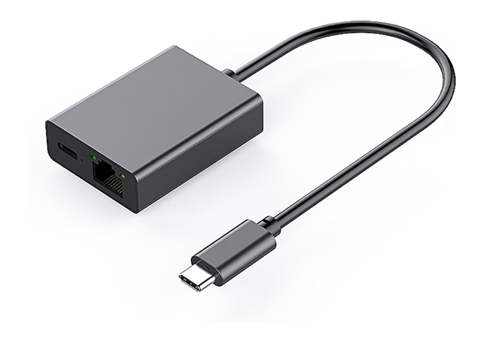 Grauer USB-C-Adapter mit Ethernet-Anschluss und Kabel.