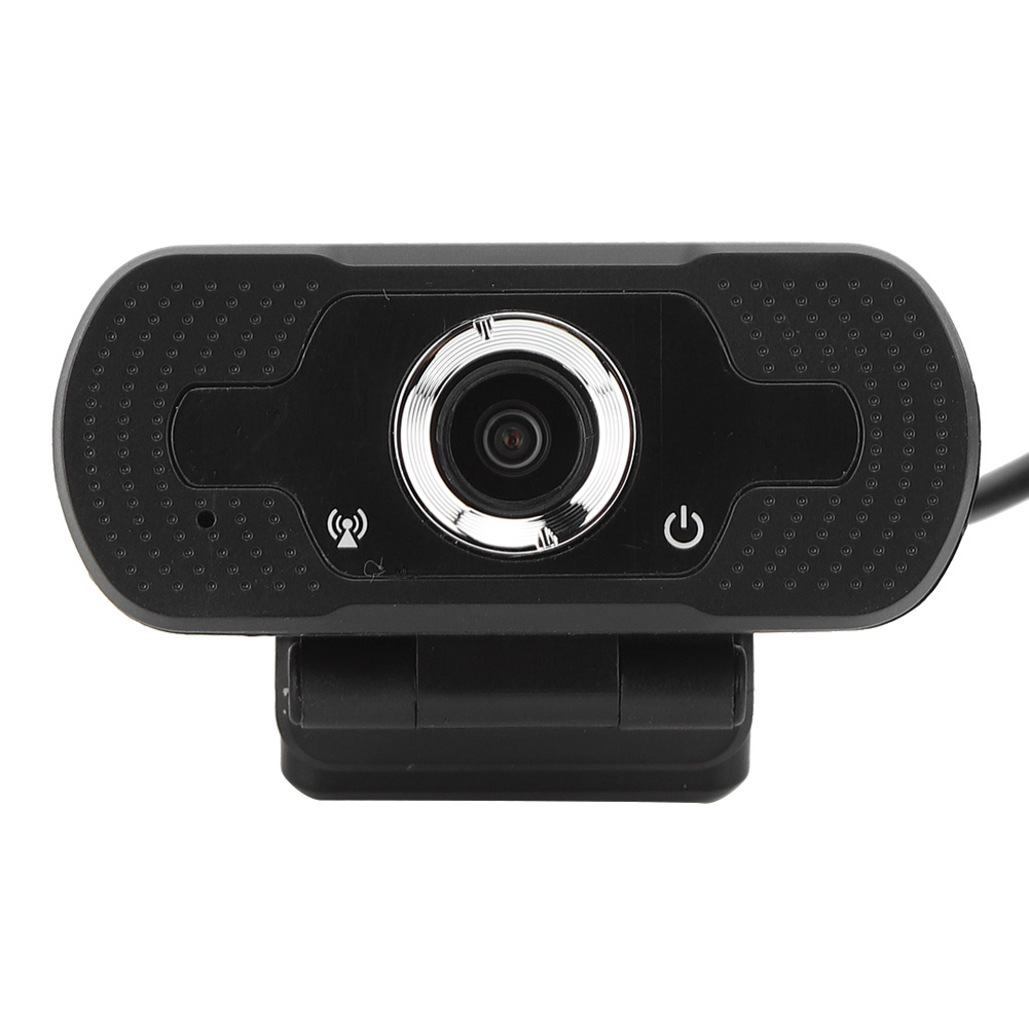 Eine schwarze Webcam mit einem runden Objektiv und zwei Symbolen daneben.