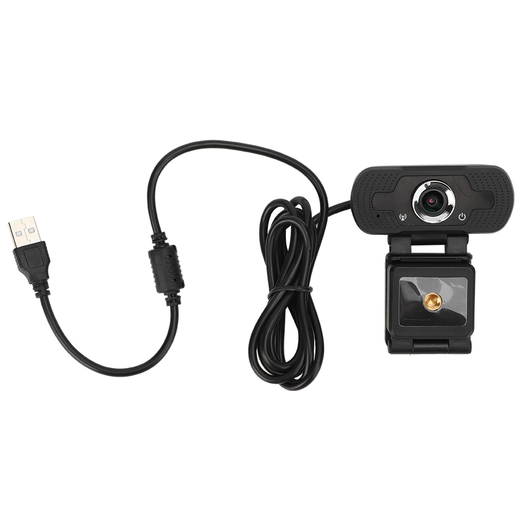 Eine schwarze Webcam mit USB-Kabel und einem Klemmfuß.