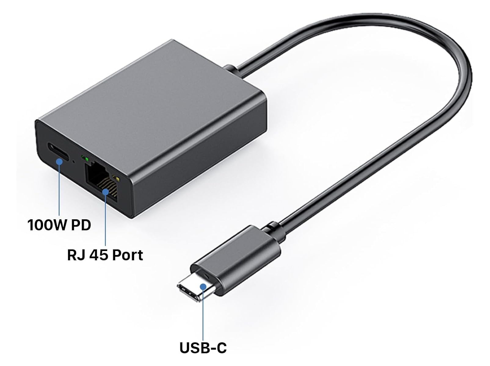 Graue USB-C-Hub mit RJ45-Anschluss und 100W PD-Anschluss. Ein USB-C-Kabel ragt aus dem Hub.