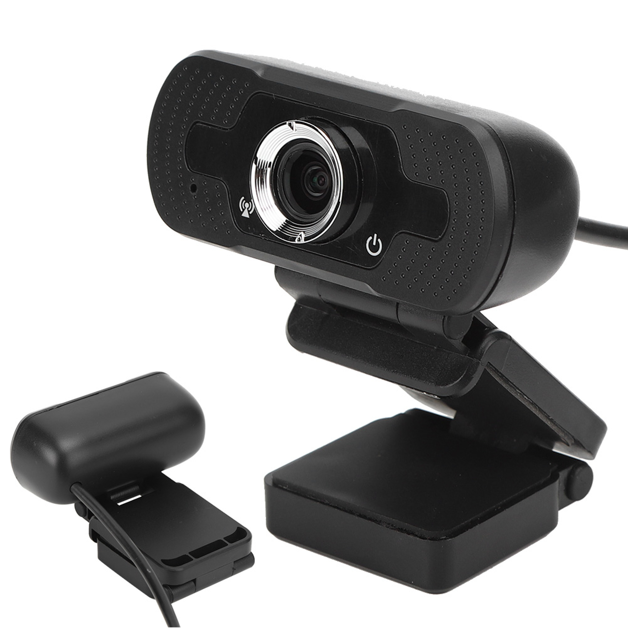 Zwei schwarze Webcams auf weißem Hintergrund, eine größer und auf einem Ständer.