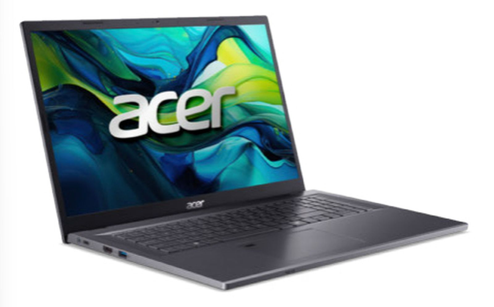 Ein geöffneter Acer Laptop mit abstraktem Hintergrund auf dem Bildschirm.