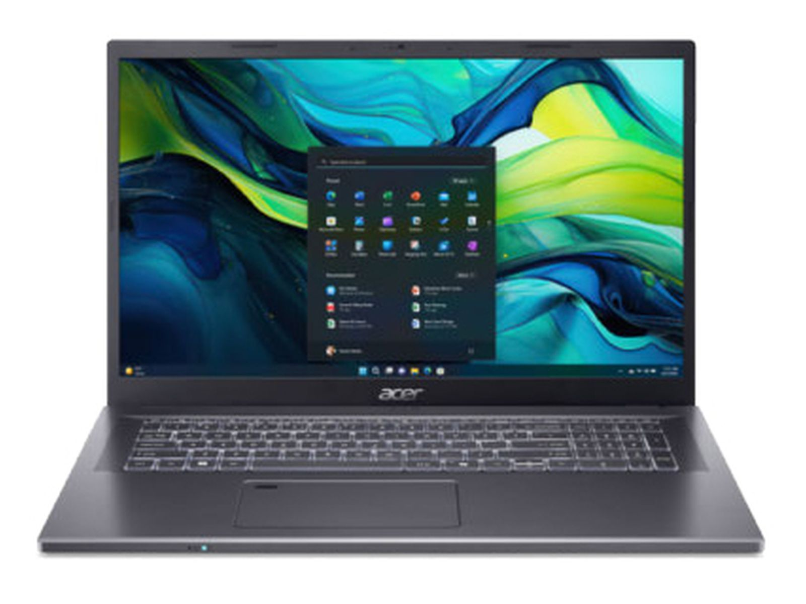Ein dunkler Acer Laptop mit einem bunten Hintergrundbild und geöffnetem App-Menü.