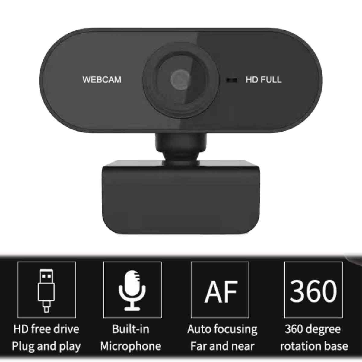 Schwarzes Webcam-Modell mit Symbolen für USB, Mikrofon, Autofokus und 360-Grad-Drehung.