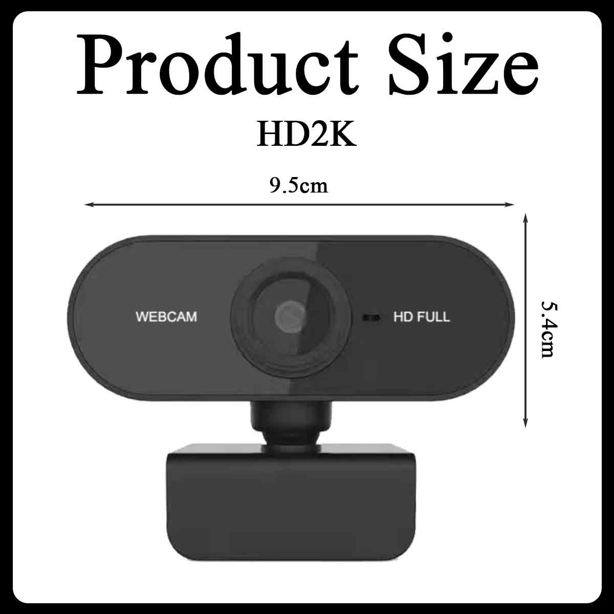 Schwarze Webcam, 9,5 cm breit und 5,4 cm hoch, beschriftet mit HD2K und HD FULL.