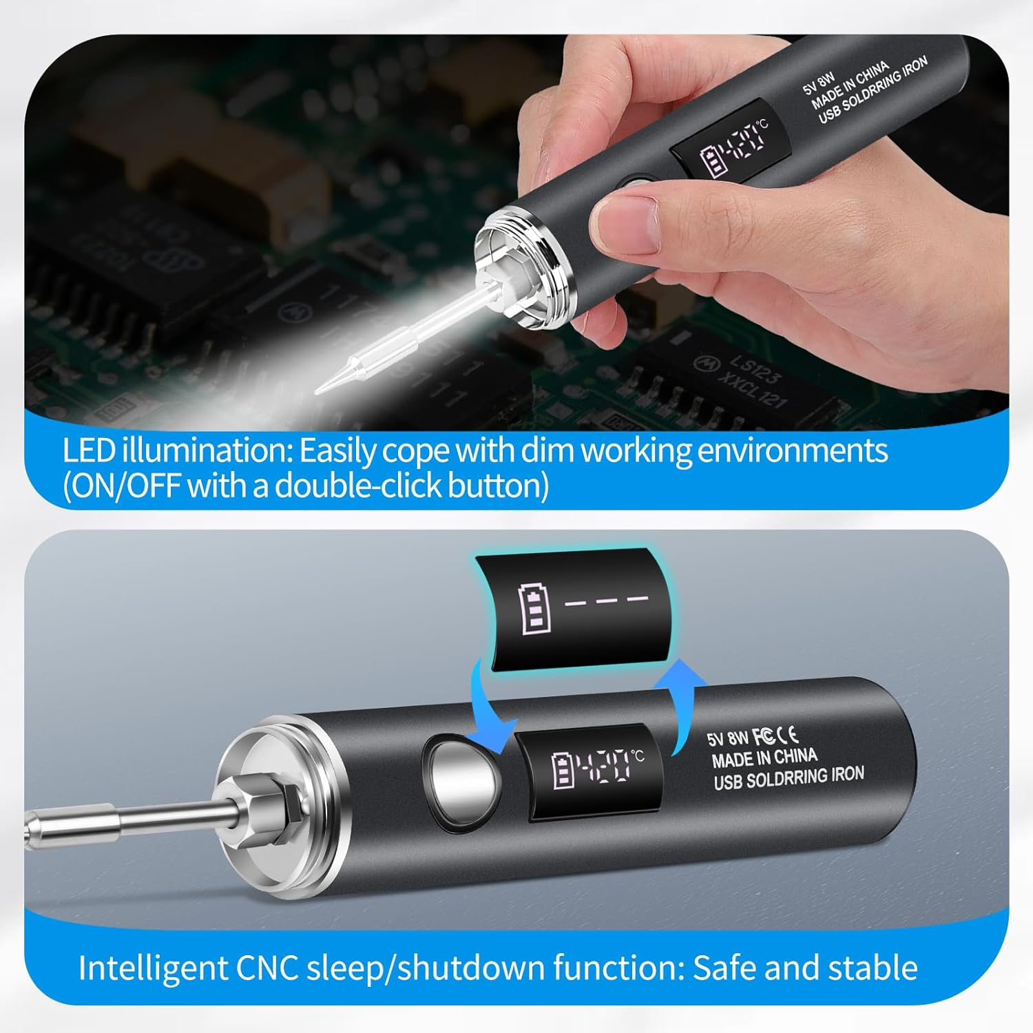 Ein grauer USB-Lötkolben mit LED-Beleuchtung und digitaler Temperaturanzeige.