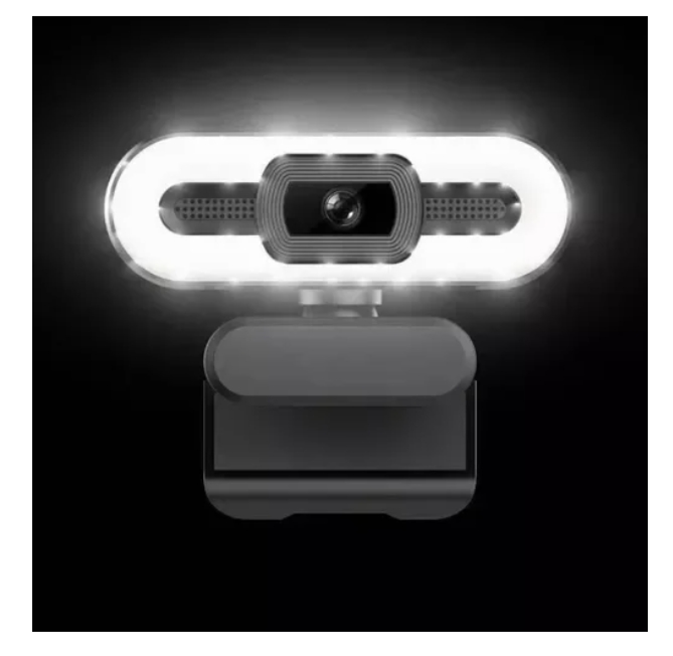 Eine moderne Webcam mit Ringlicht, die auf schwarzem Hintergrund beleuchtet ist.