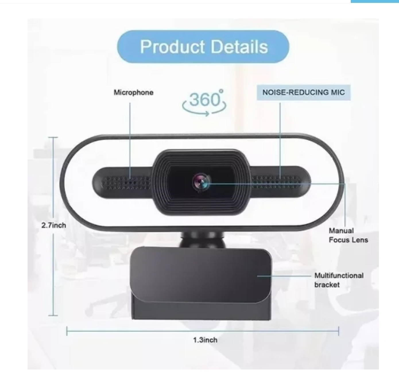 Produktdetails einer schwarzen Webcam mit Mikrofon, 360-Grad-Drehung und manuellem Fokus.