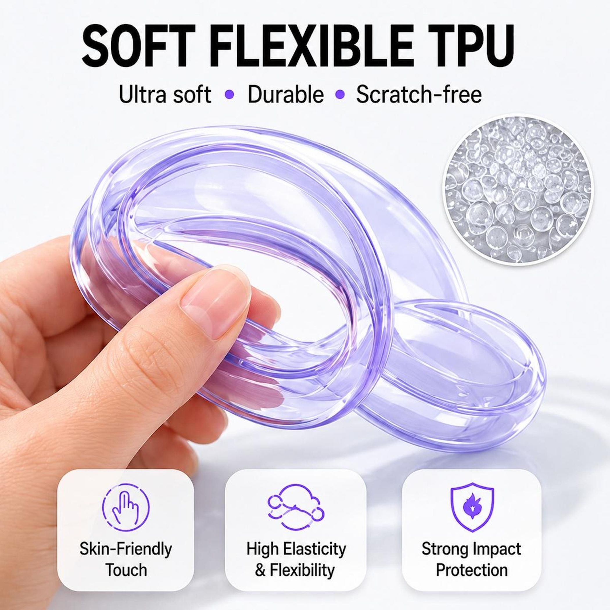 Transparente TPU-Hülle, die von einer Hand gehalten wird. Merkmale: weich, flexibel, stoßfest.