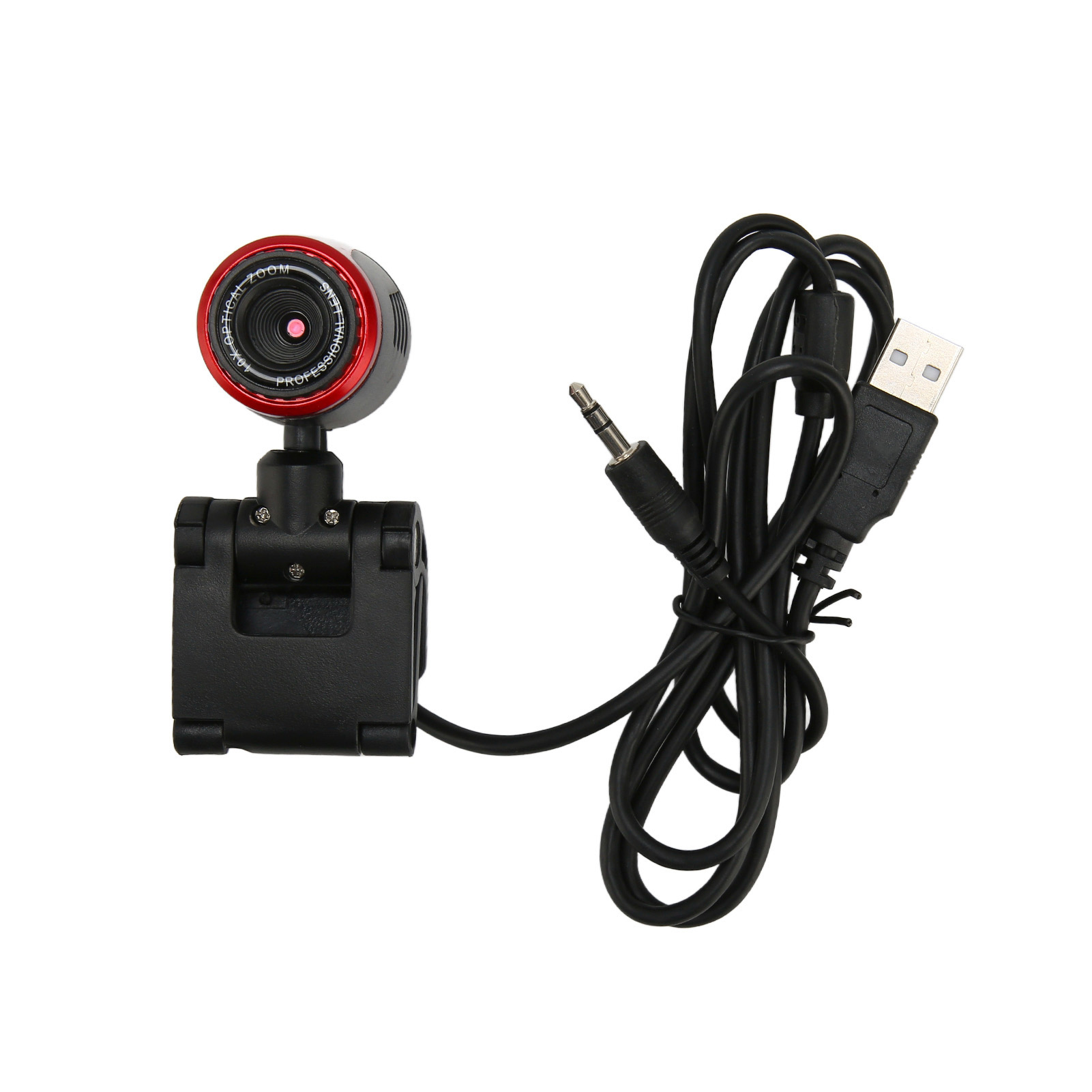 Eine rot-schwarze Webcam mit USB- und Klinkenstecker-Kabeln, isoliert auf weißem Hintergrund.