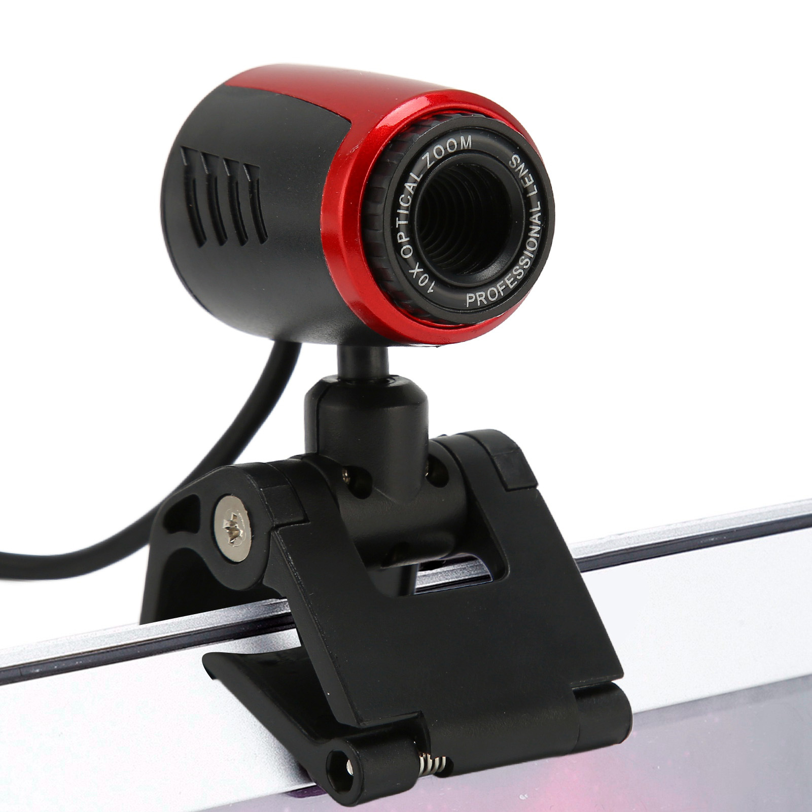 Rot-schwarze Webcam mit 10x optischem Zoom, die auf einem Laptop befestigt ist.