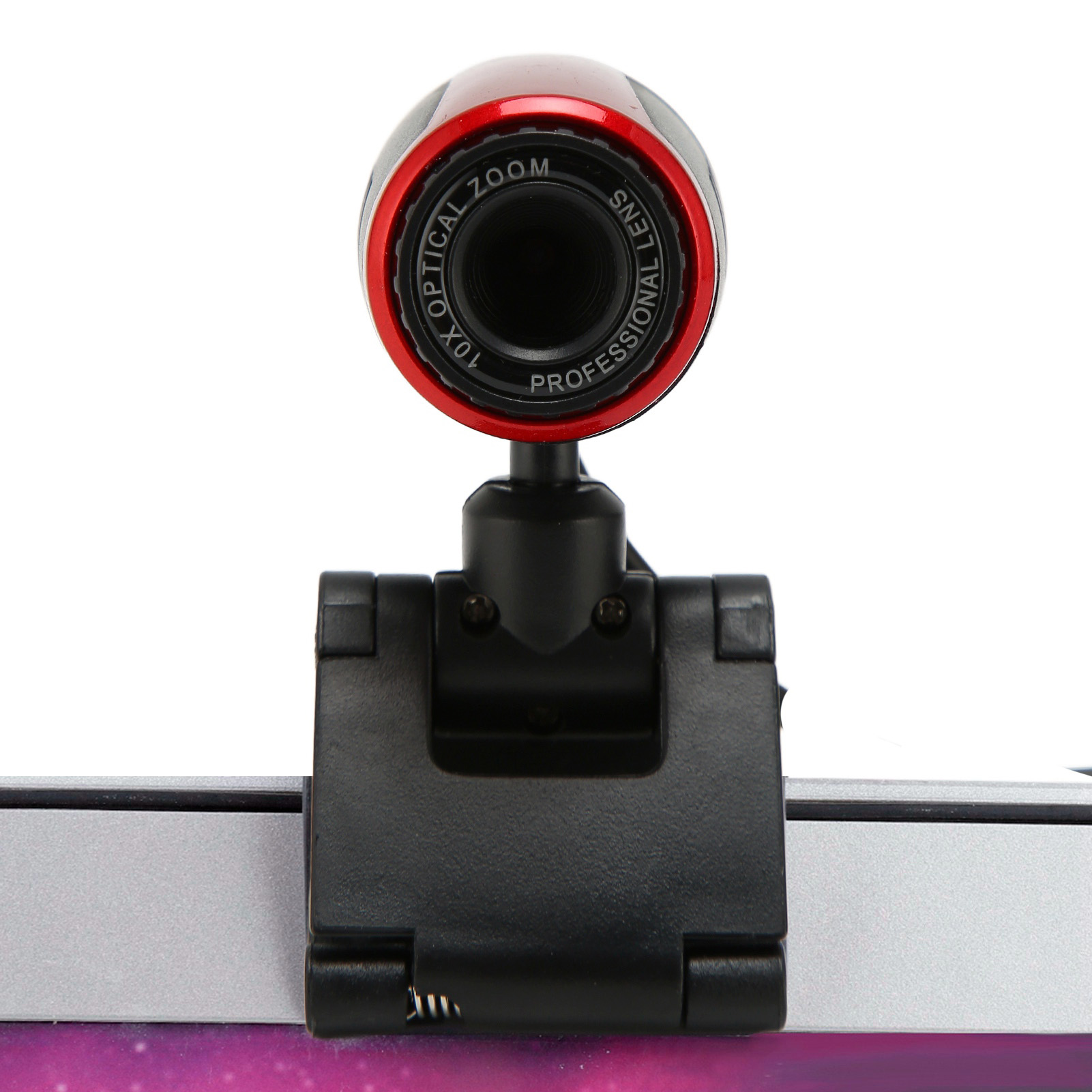 Eine rote Webcam mit 10-fachem optischem Zoom sitzt auf einem Laptop.