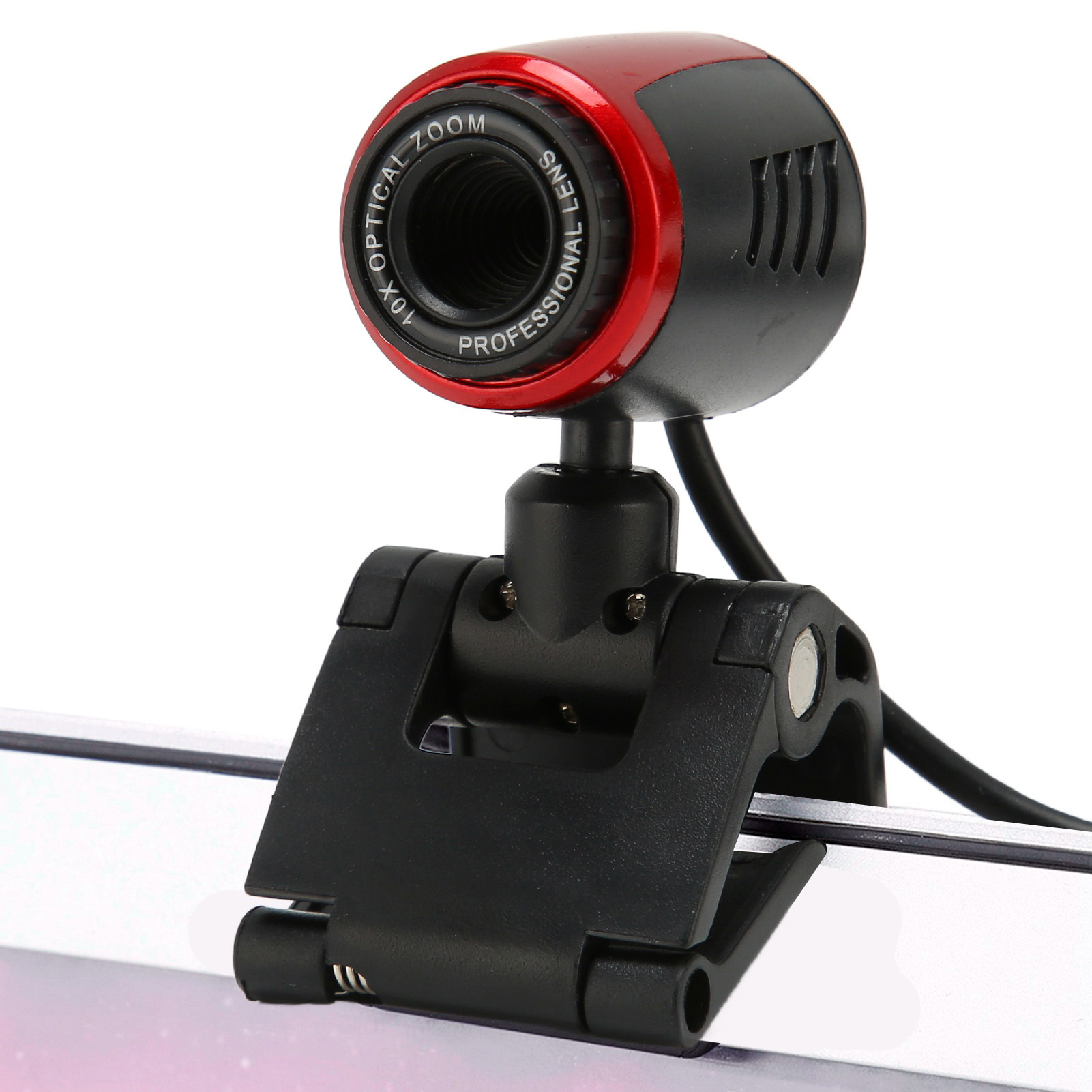 Eine rote und schwarze Webcam mit 10-fachem optischem Zoom und professioneller Linse.