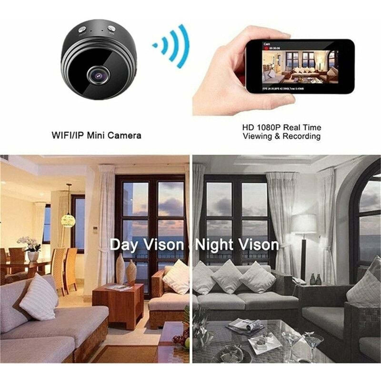 Kleine WLAN/IP-Kamera zeigt Tag- und Nachtsicht in einem Wohnzimmer.