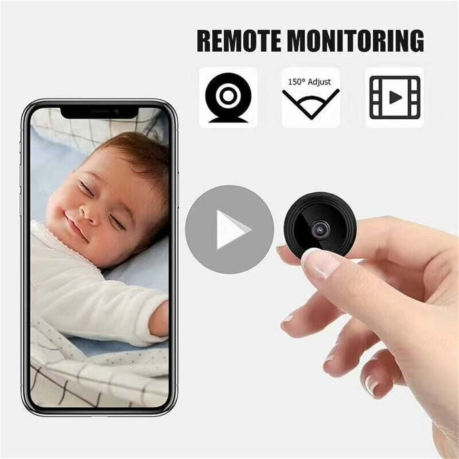 Hand hält Mini-Kamera vor Handy mit schlafendem Baby. Fernüberwachungssymbole.