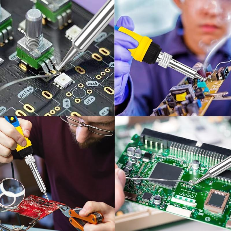 Vier Szenen von Elektronikarbeiten mit Lötgeräten und Leiterplatten.