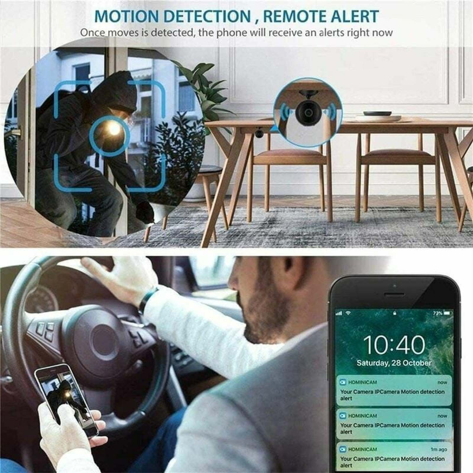 Einbrecher wird von Kamera erfasst, Mann im Auto erhält Benachrichtigung.