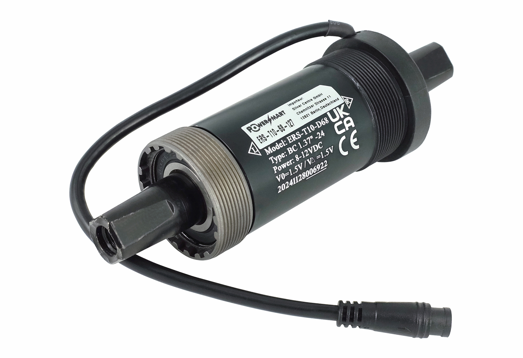 Schwarzer Fahrrad-Tretlagermotor mit Kabel und Stecker, Beschriftung.