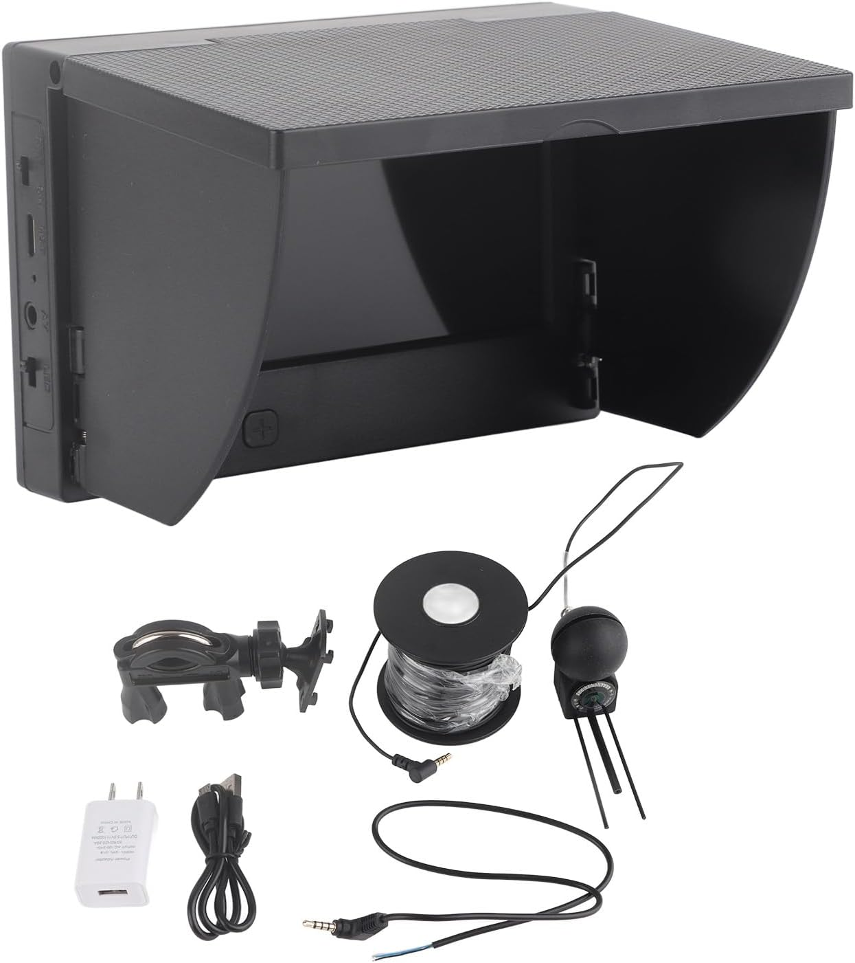 Ein schwarzer Automonitor mit Sonnenschutz, Halterung, Ladegerät, USB-Kabel und Antenne.