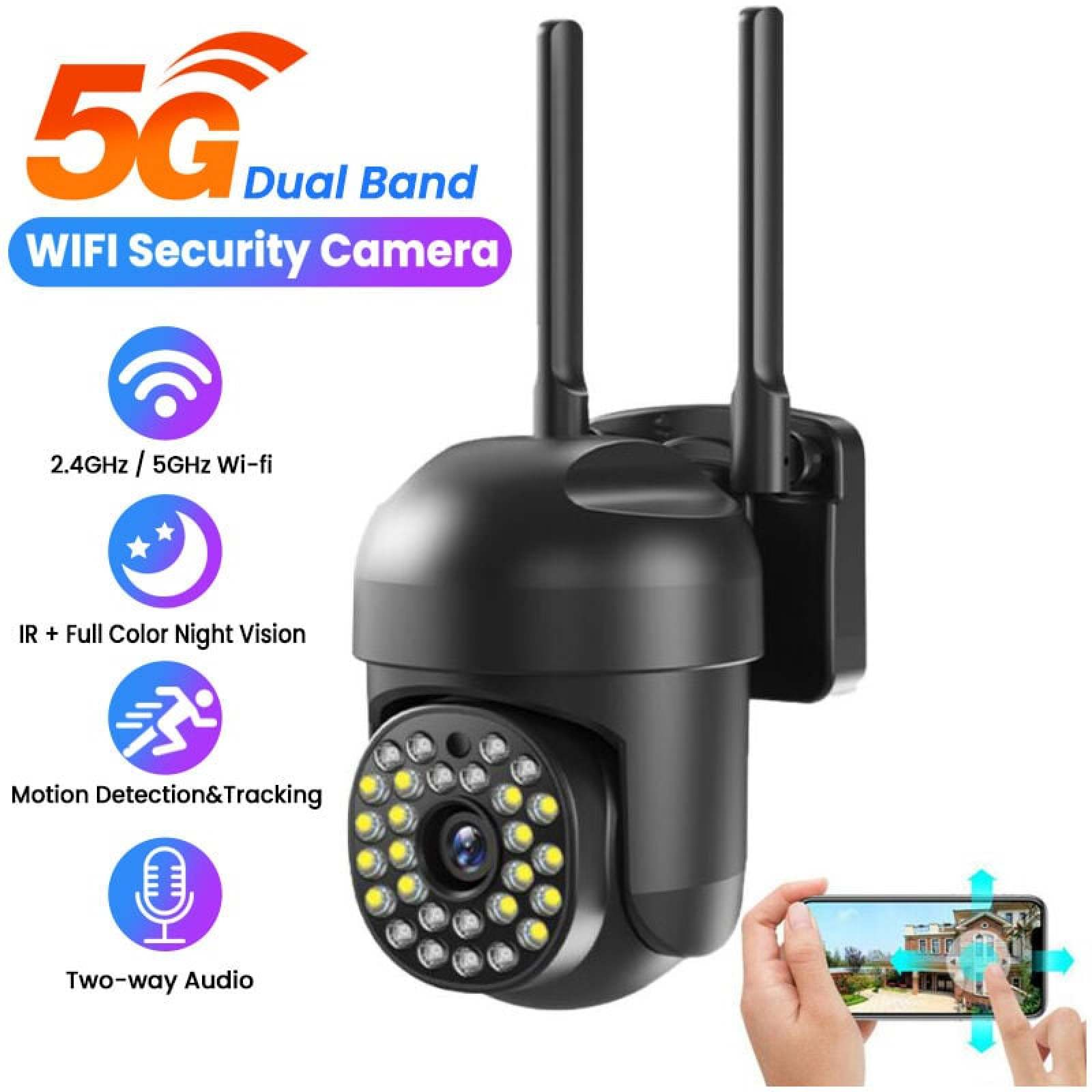 Schwarze 5G Dual Band WLAN-Sicherheitskamera mit Nachtsicht und Hand, die ein Smartphone mit Hausansicht hält.