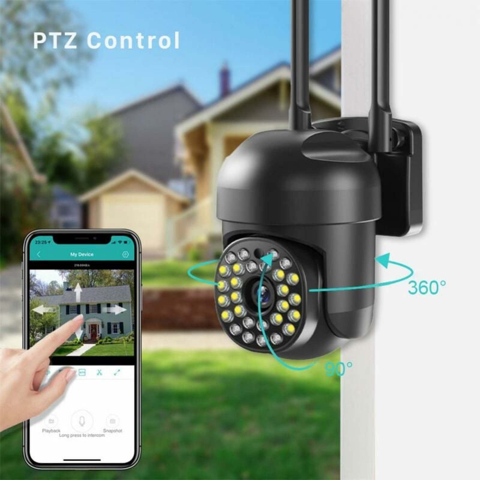 Überwachungskamera mit Smartphone-App und PTZ-Steuerung. Zeigt 360°-Drehung.