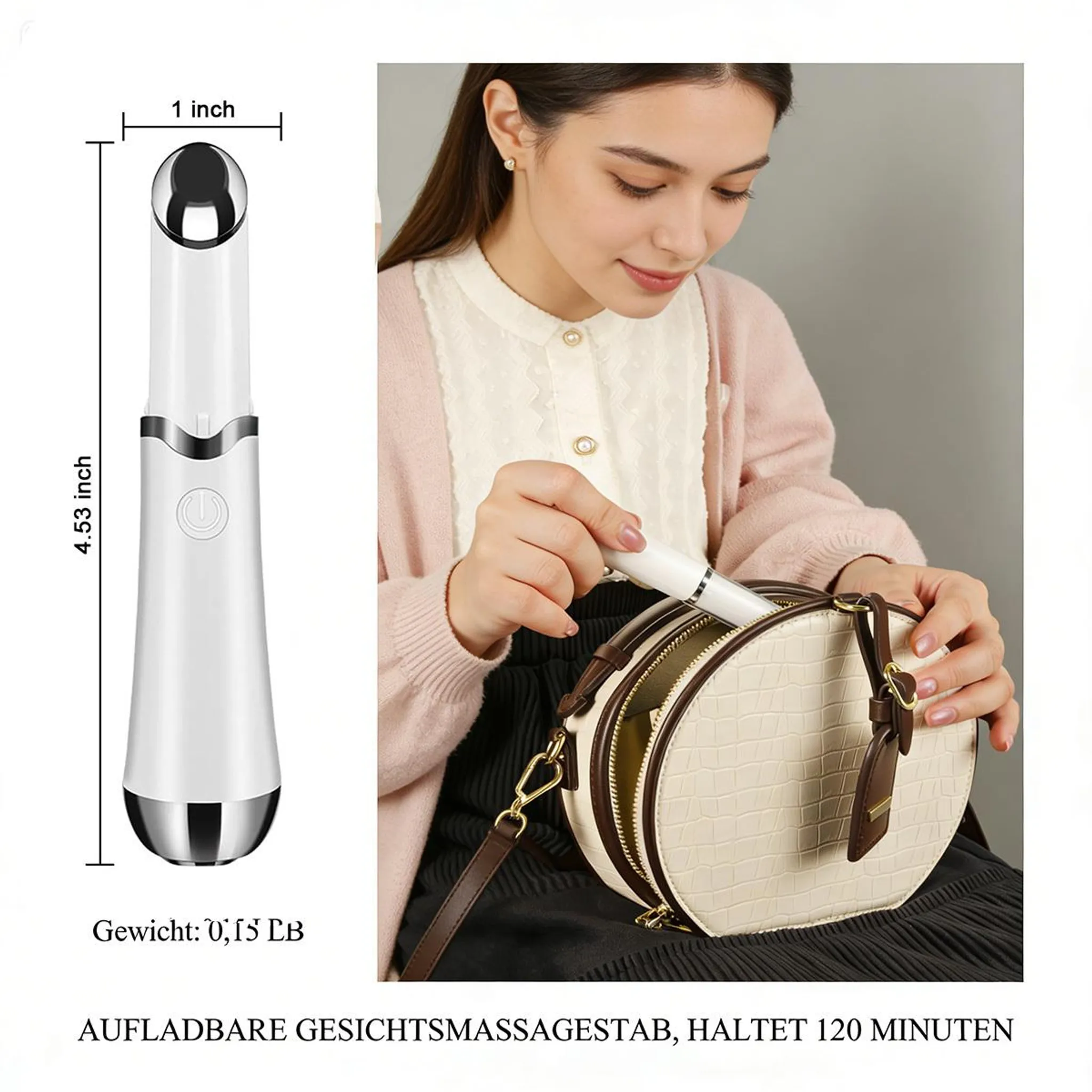 Frau packt ein weißes Massagegerät in eine beige Handtasche. Maße und Gewicht sind angegeben.