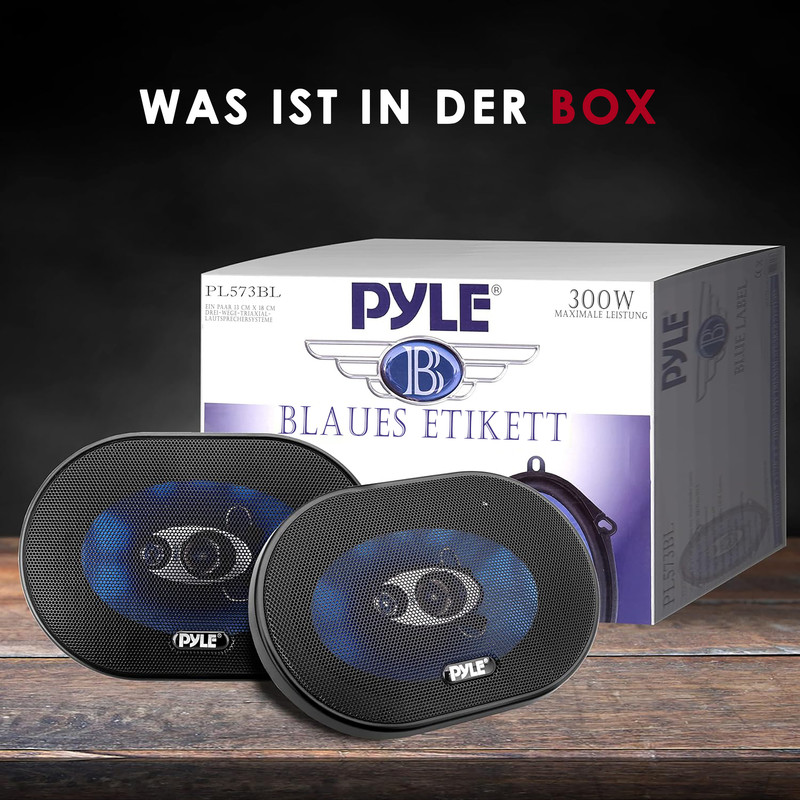 Zwei Pyle Lautsprecher mit blauen Membranen und Kartonverpackung.