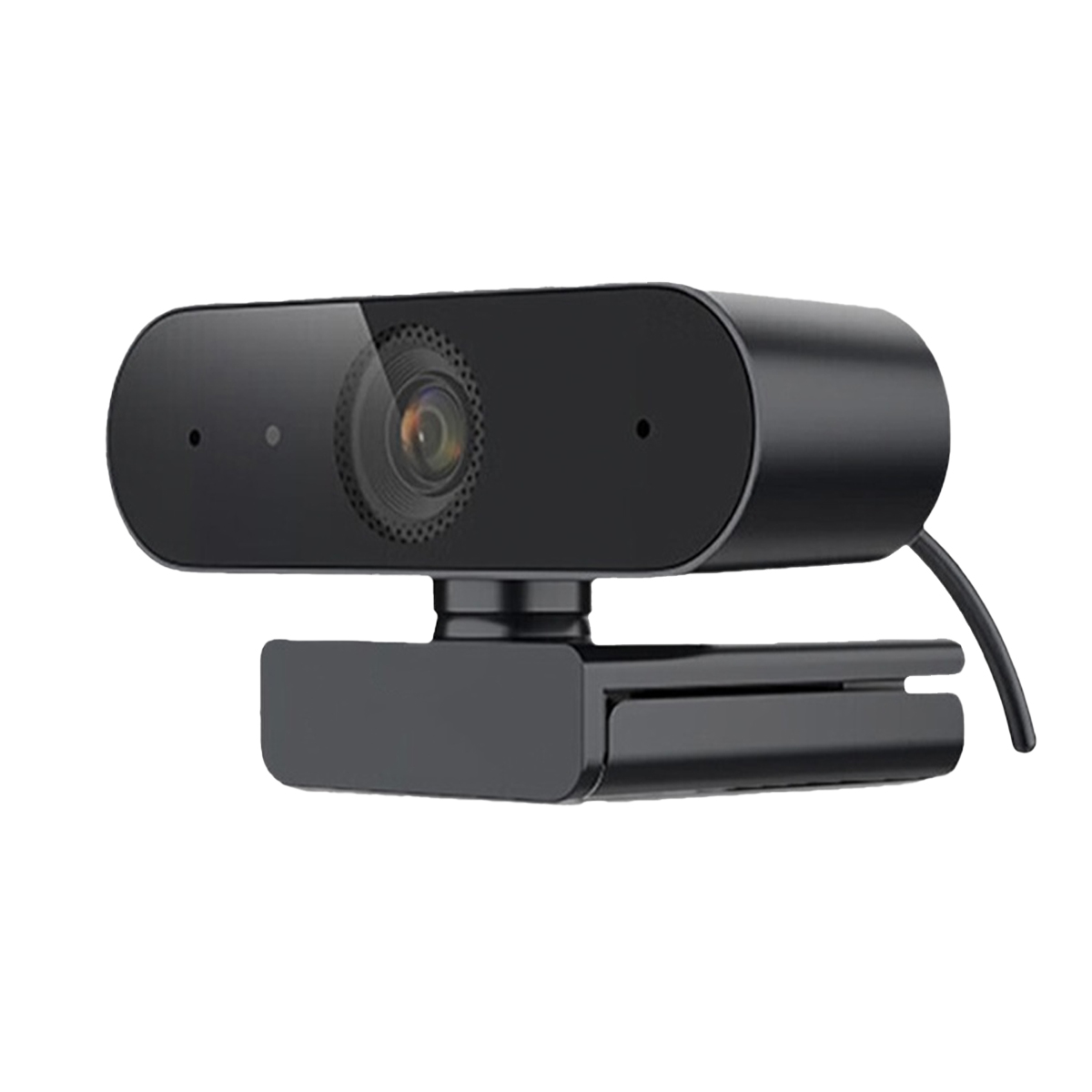 Eine schwarze Webcam mit Objektiv und Halterung auf weißem Hintergrund.