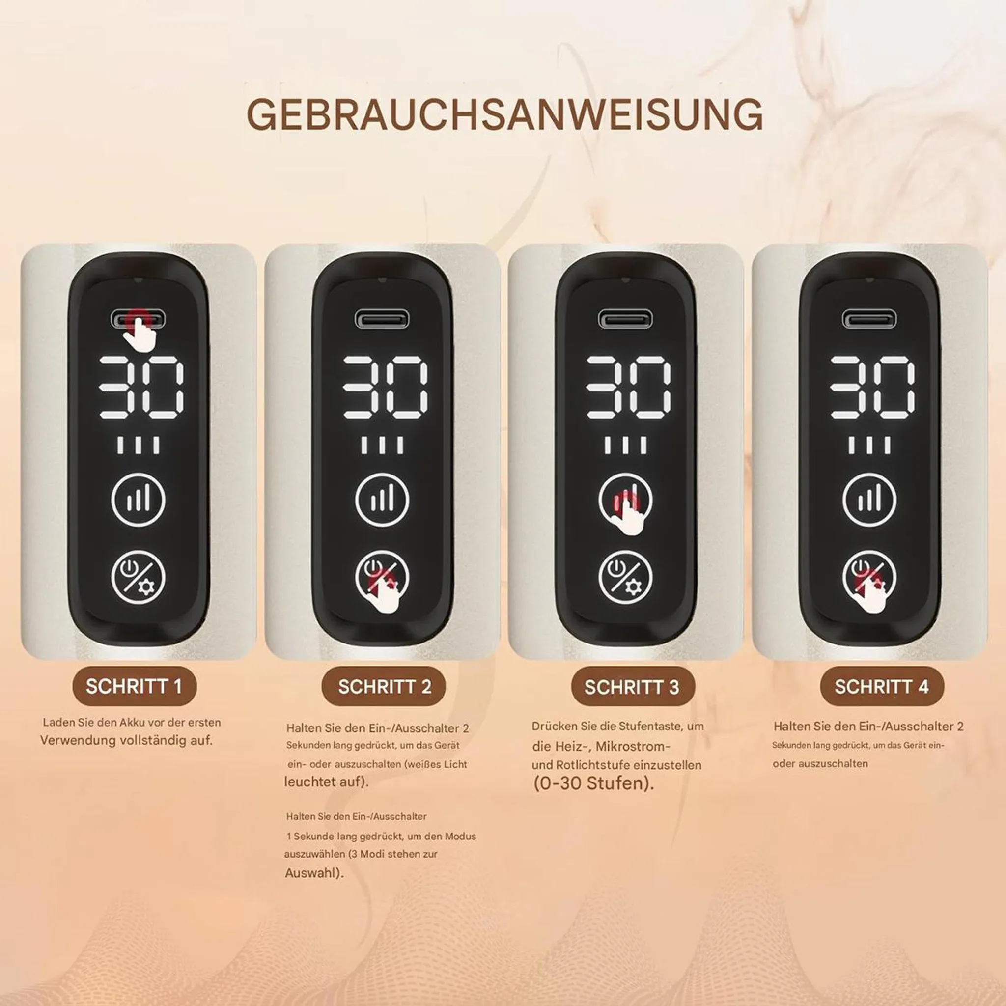 Anleitung mit 4 Schritten und digitalen Anzeigen für ein Gerät.